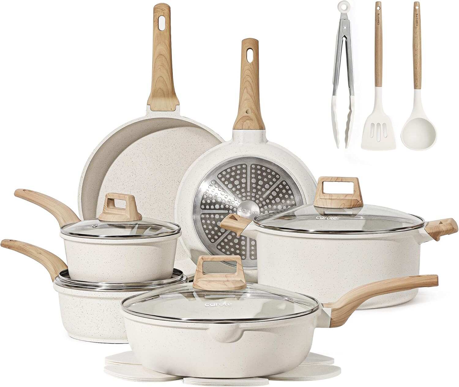 CAROTE ICE 35pcs Pots and Pans Set, Nonstick Cookware Sets, White Granite Induction Cookware with Kitchen Knife Set