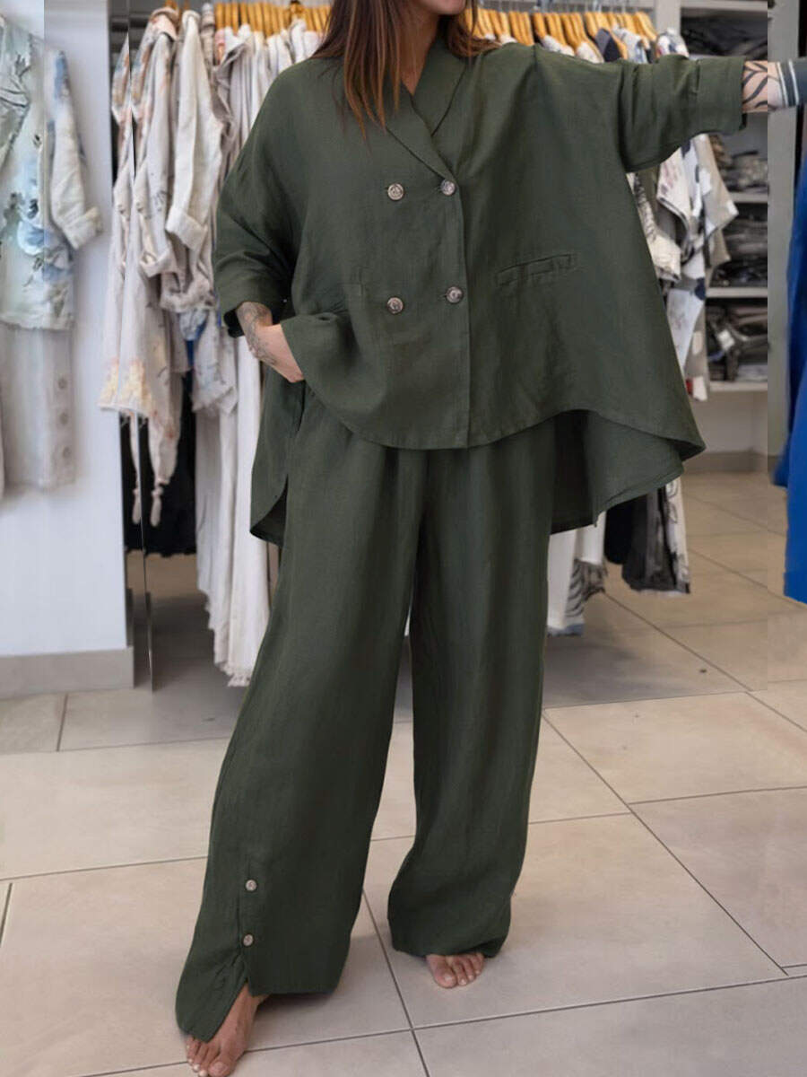 🔥Summer Arrivals🌟Women's Solid Color Lapel Long-sleeved Casual Loose Cotton And Linen Top And High-waisted Casual Loose Wide-leg Cotton And Linen Pants Set.