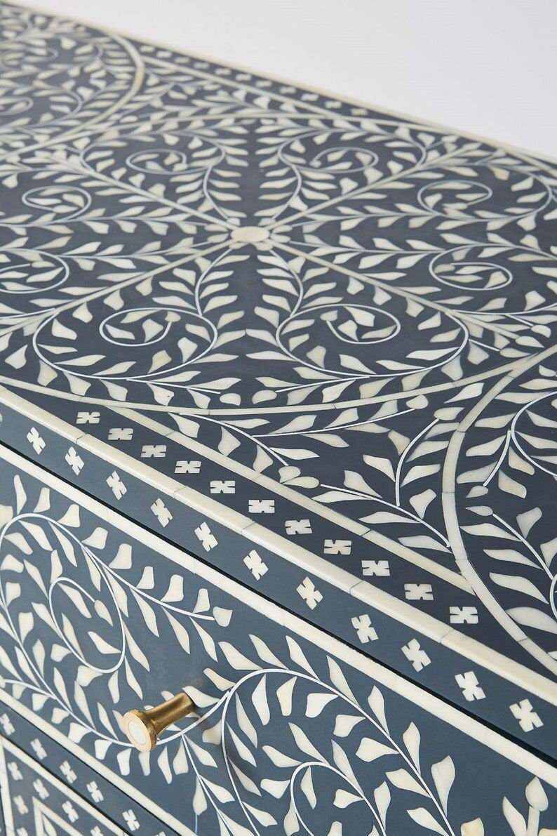Handmade Bone Inlay Sideboard Table - Floral Hand Carved Wooden Furniture for Home Decor - Sideboard Buffet with Storage