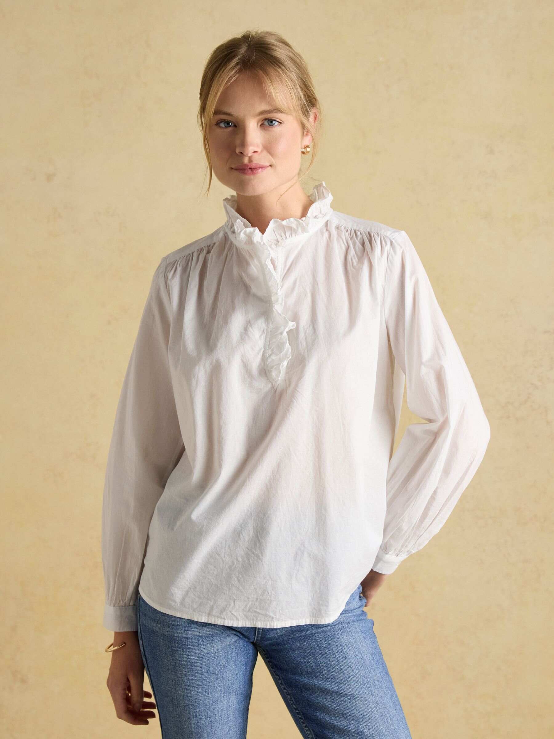 Melanie Blue/White Cotton Ruffle Blouse