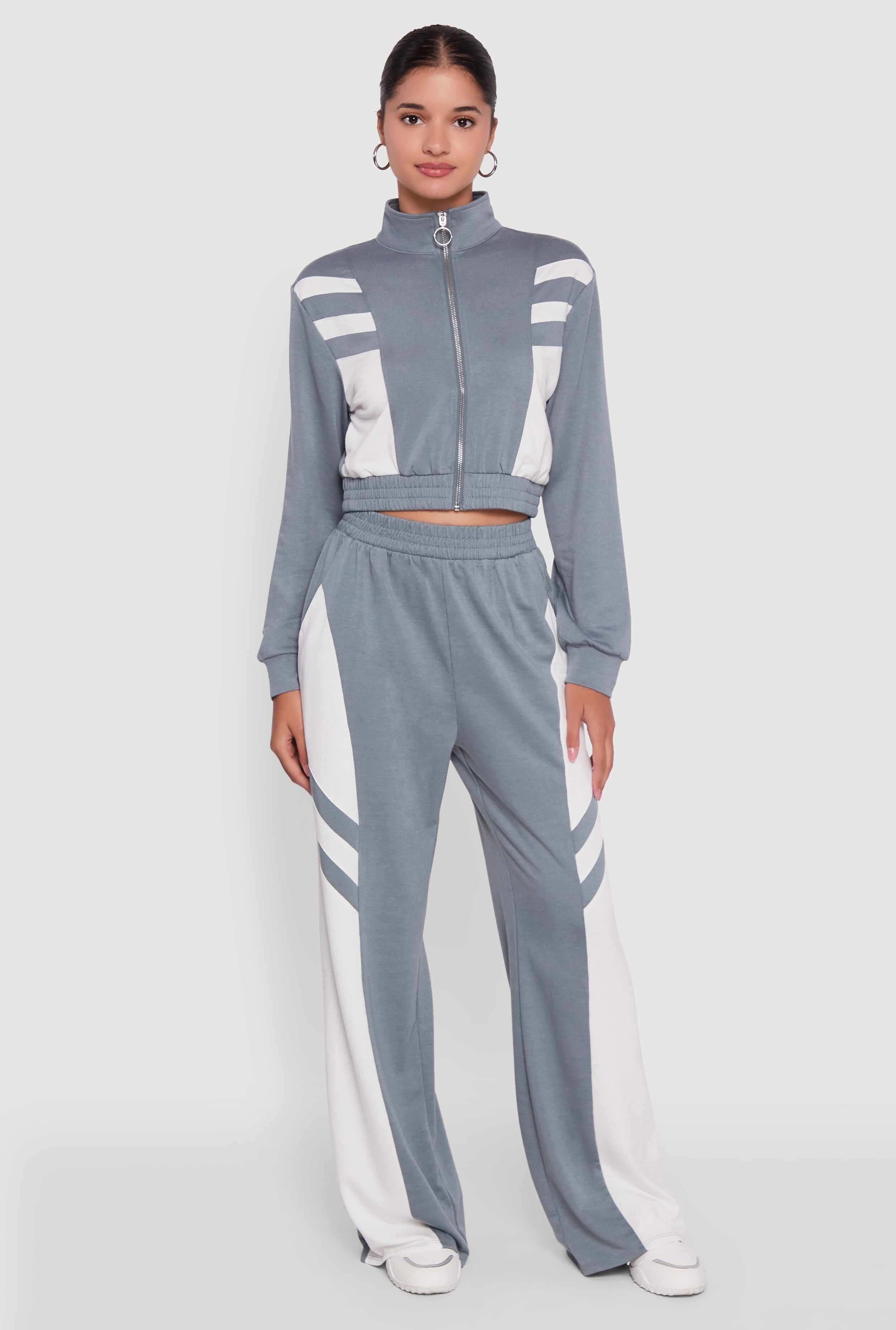Color Block Cropped Zip Front Track Jacket