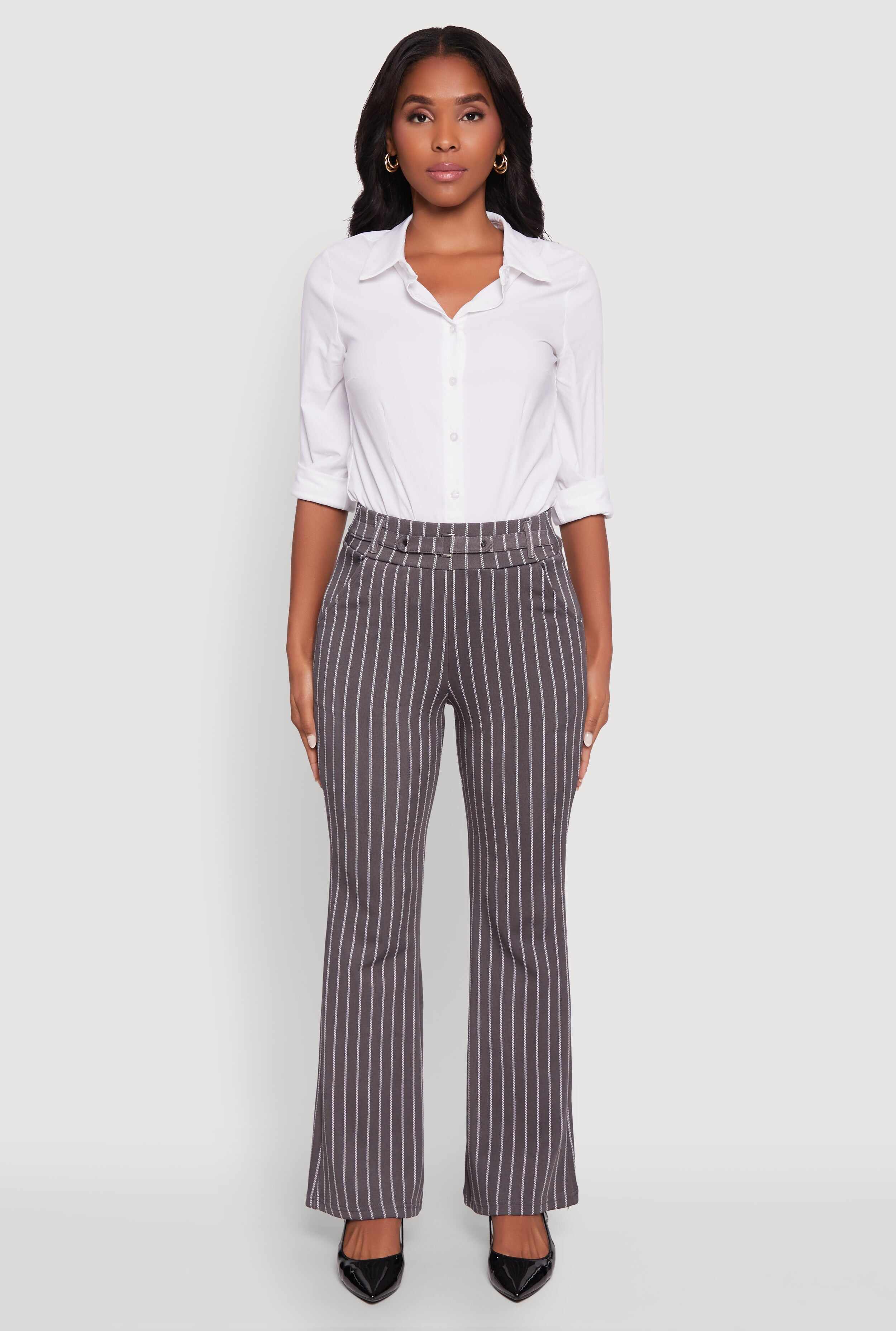 Pinstripe Buckle Detail Mid Rise Dress Pants
