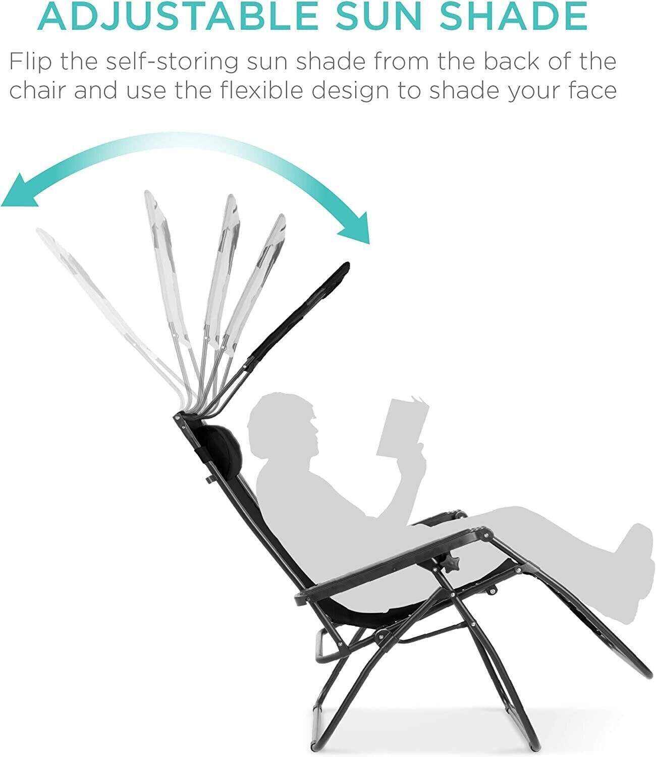 Folding Zero Gravity Recliner Patio Lounge Chair w/Adjustable Canopy Shade, Headrest, Side Accessory Tray, Textilene Mesh - Beige