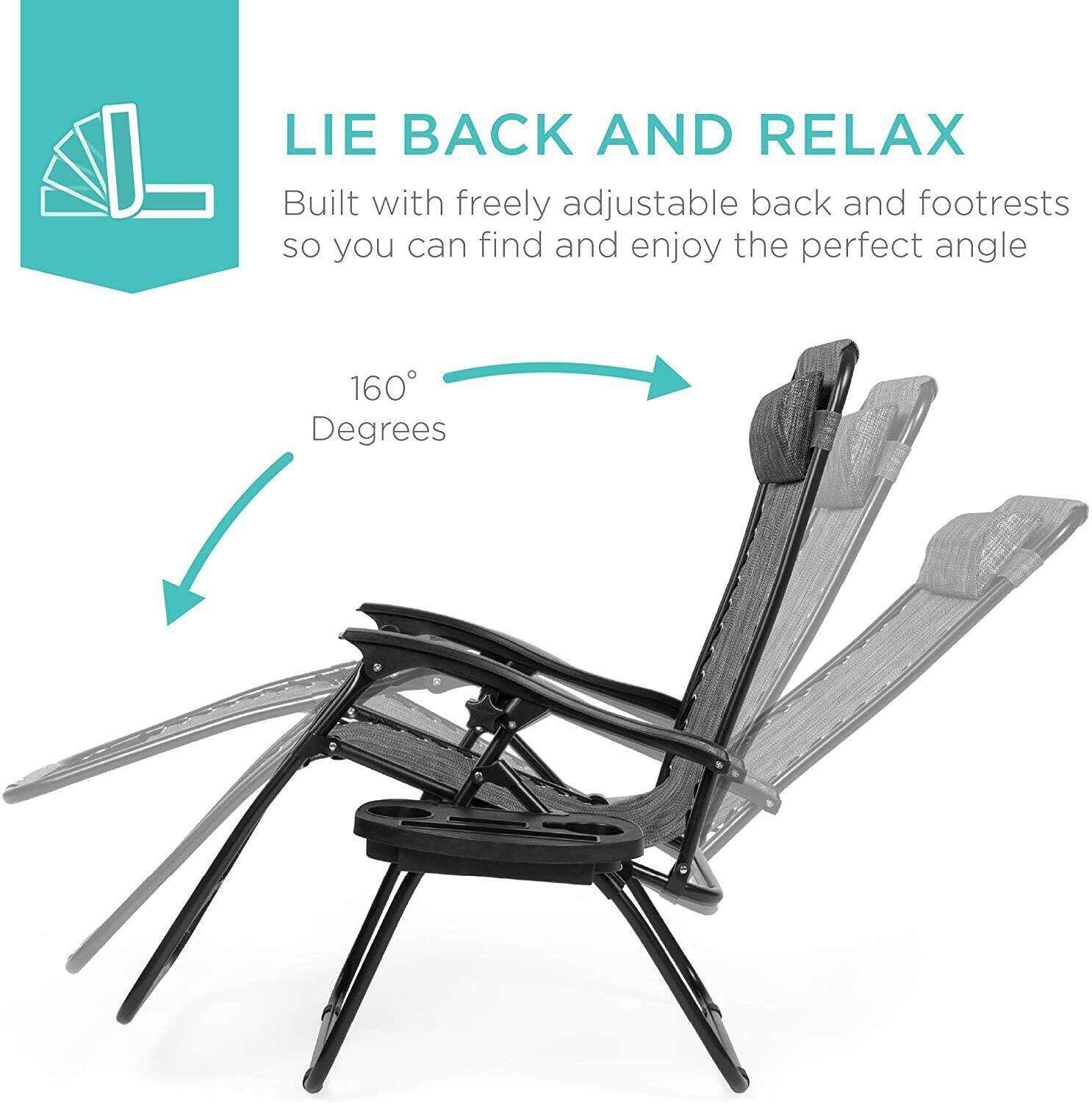 Set of 2 Adjustable Steel Mesh Zero Gravity Lounge Chair Recliners w/Pillows and Cup Holder Trays