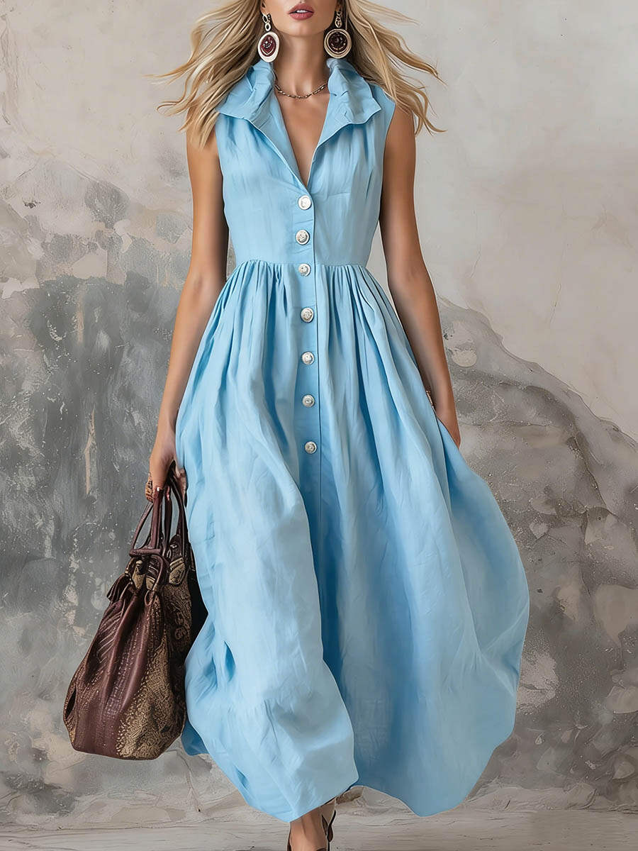 🔥Summer Arrivals🌟Women's Solid Color Lapel Sleeveless Casual Loose Cotton Dress