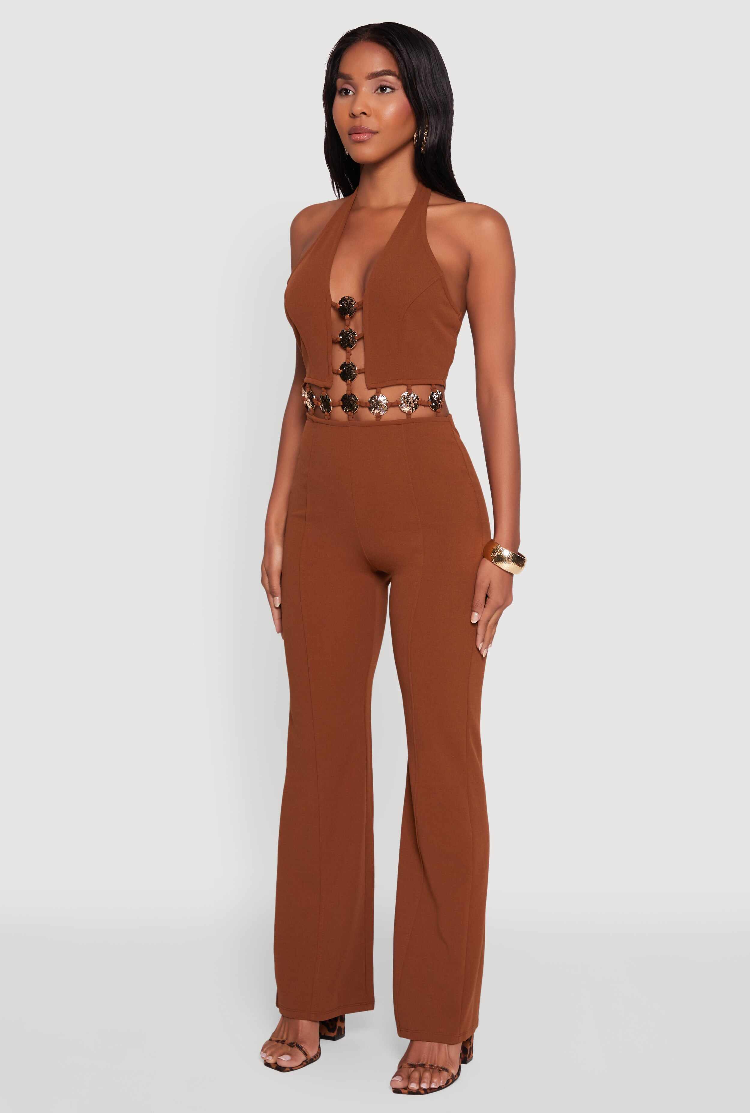 Metallic Detail Plunge Tie Back Halter Jumpsuit