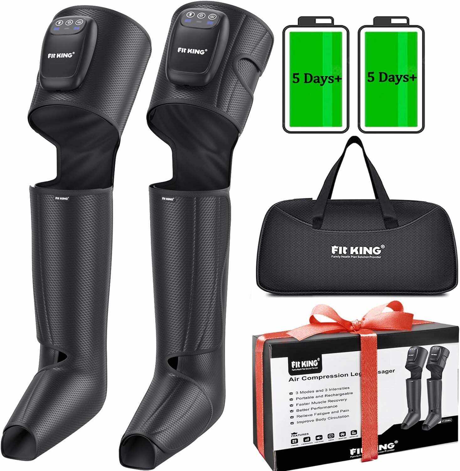 FIT KING Cordless Full Leg Massager Compression Boots, Rechargeable Foot and Calf Massager for Travel, Blood Circulation & Fast Recovery, Pain Relief | No External Long Air Hoses,Gift Idea