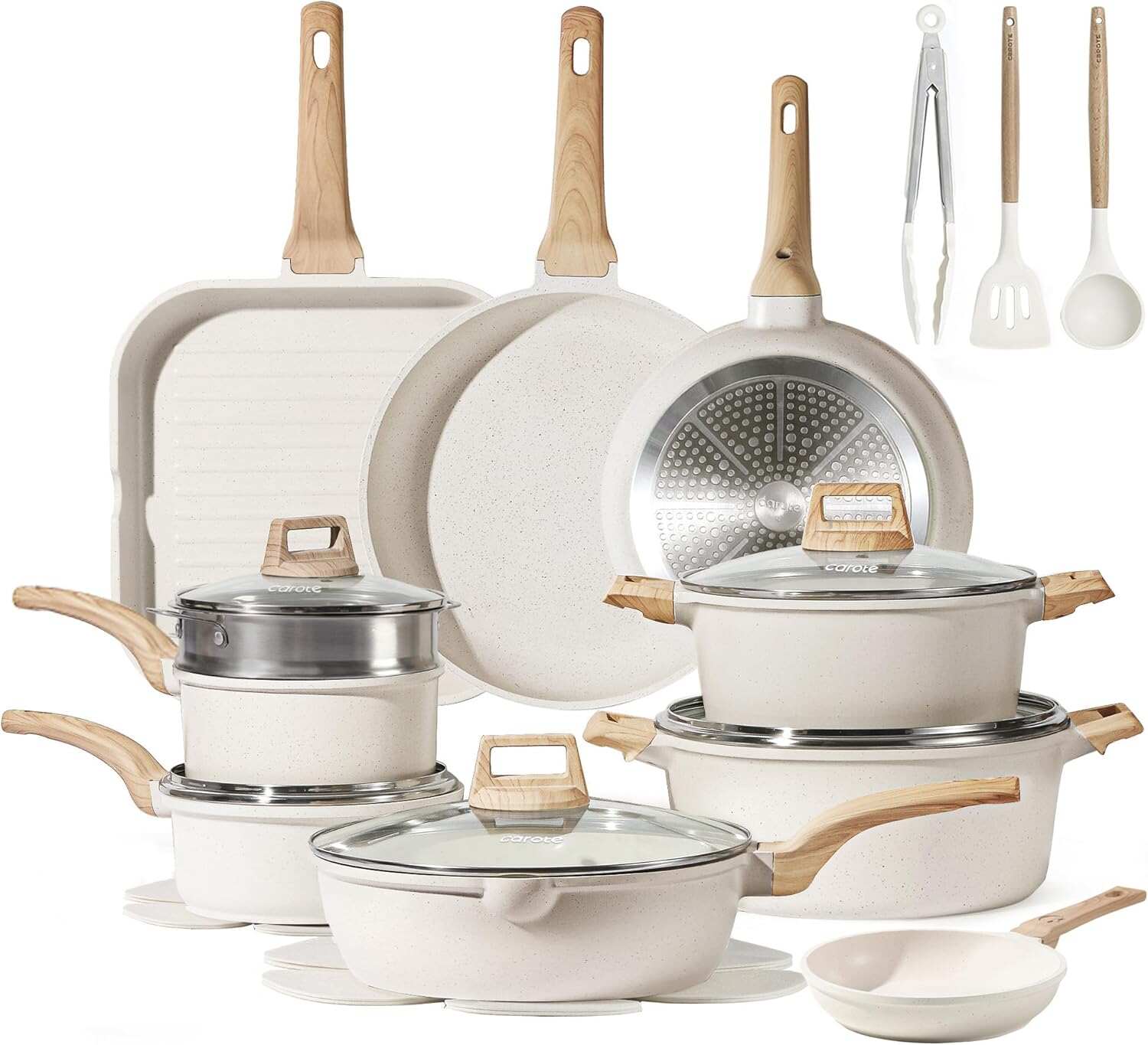CAROTE ICE 35pcs Pots and Pans Set, Nonstick Cookware Sets, White Granite Induction Cookware with Kitchen Knife Set
