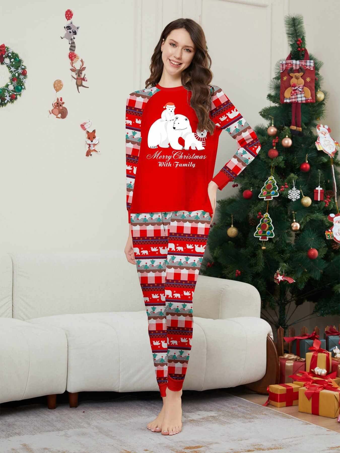 White Polar Bear Printed Family Matching Christmas Pajamas Sets