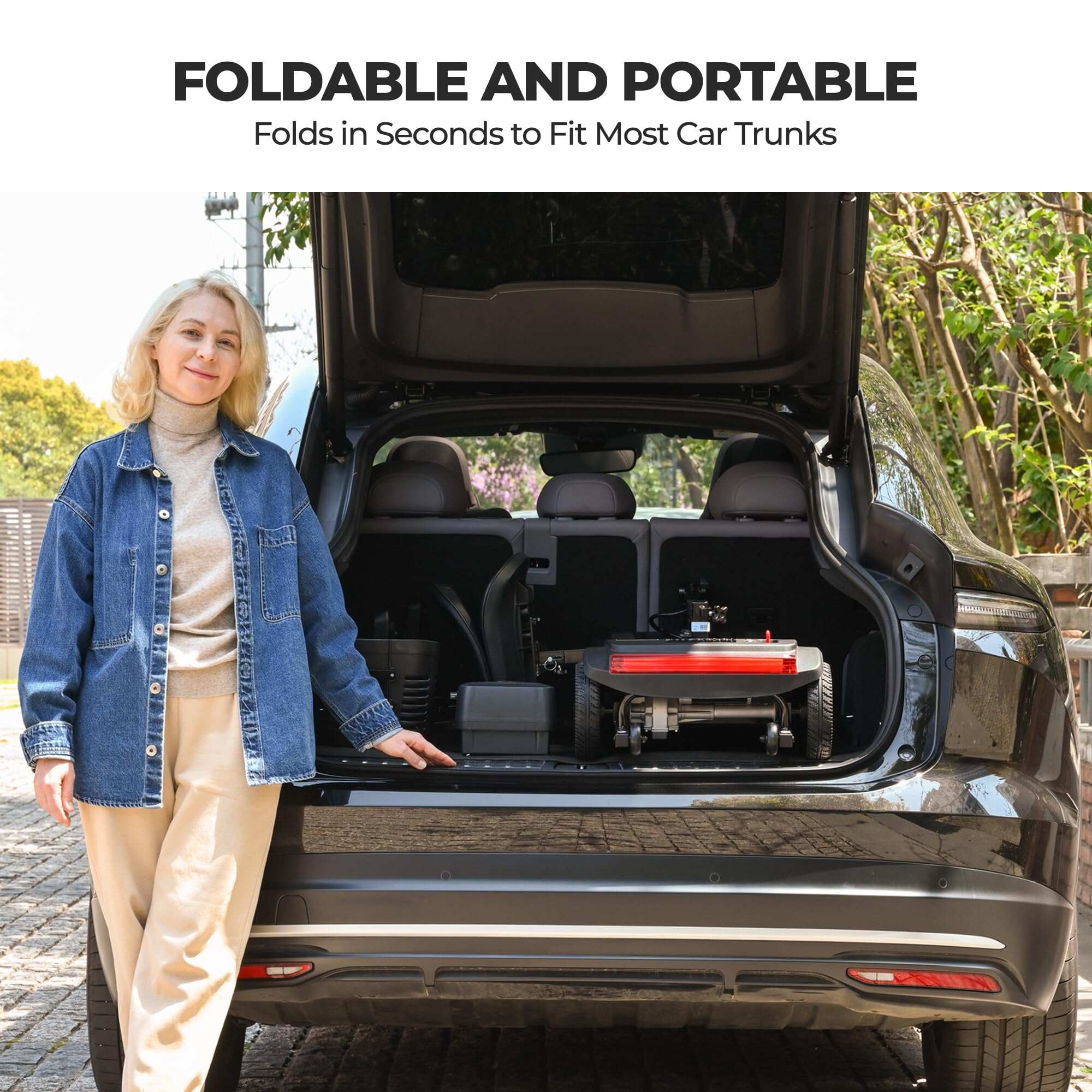New electric four-wheeled mobility scooter boasts a 20 miles range, a 300lb load-bearing capacity, fast charging, and smartphone control