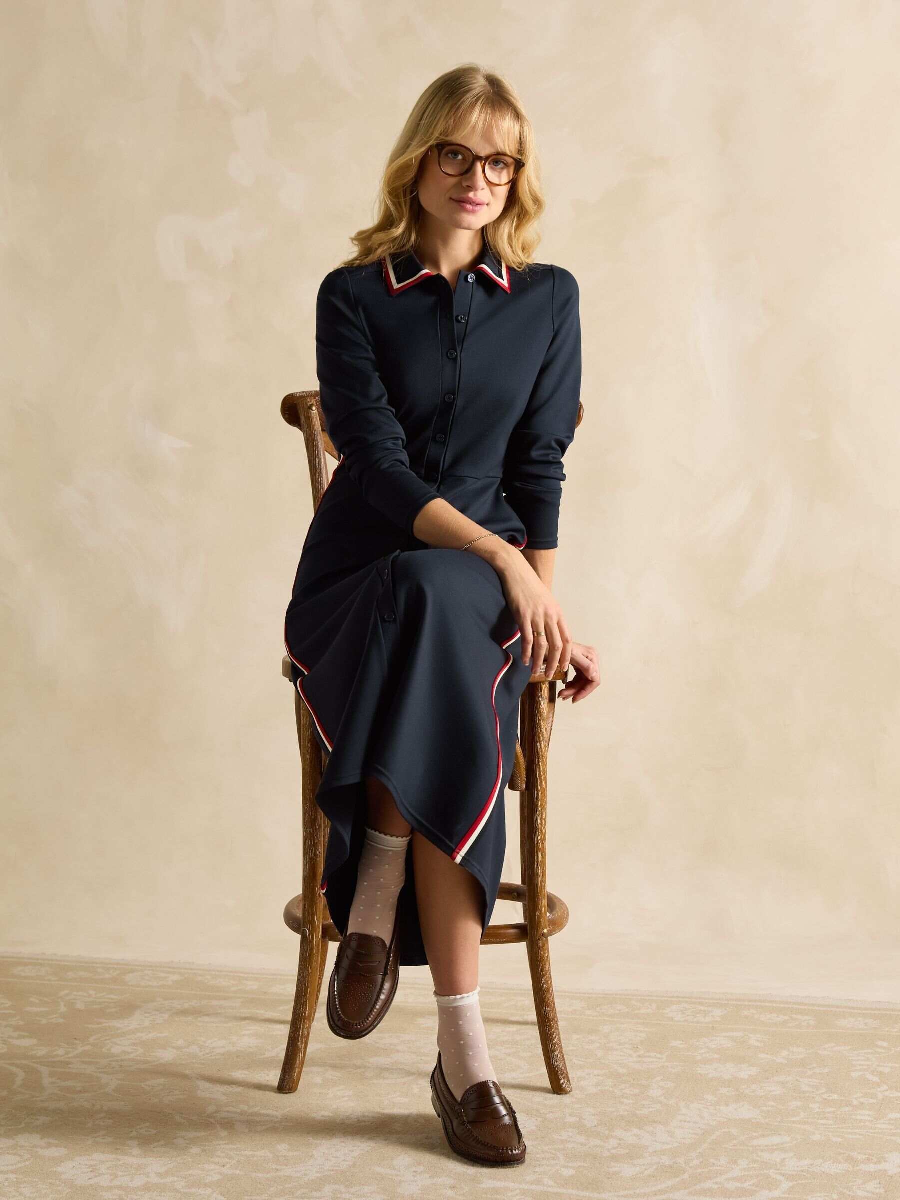 Pia Navy Blue Button Down Ponte Maxi Dress