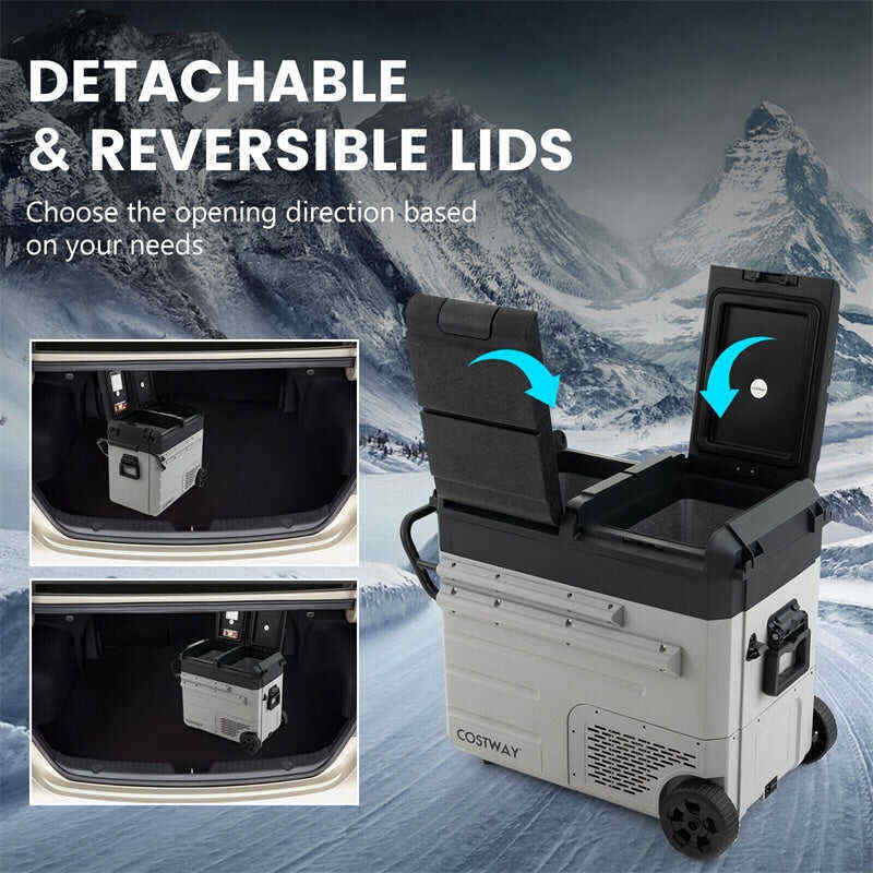 61 Quart Portable Car Refrigerator with Wheels 12/24V DC & 110-240V AC Dual-zone Electric Car Cooler Fridge for RV Camping Travel Home