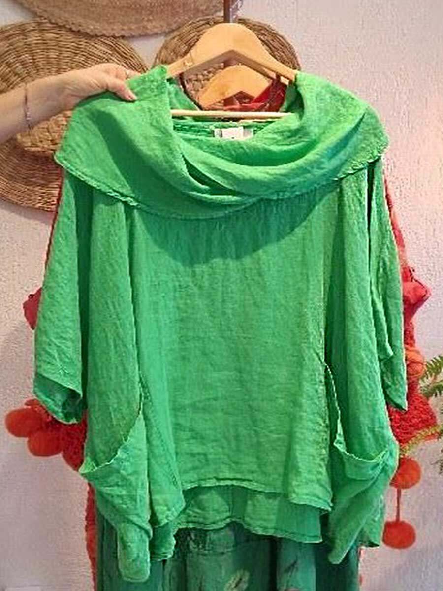 🔥Summer Arrivals🌟Women's Solid Color Draped Neck 3/4 Sleeve Comfortable Casual Linen Pocket Top