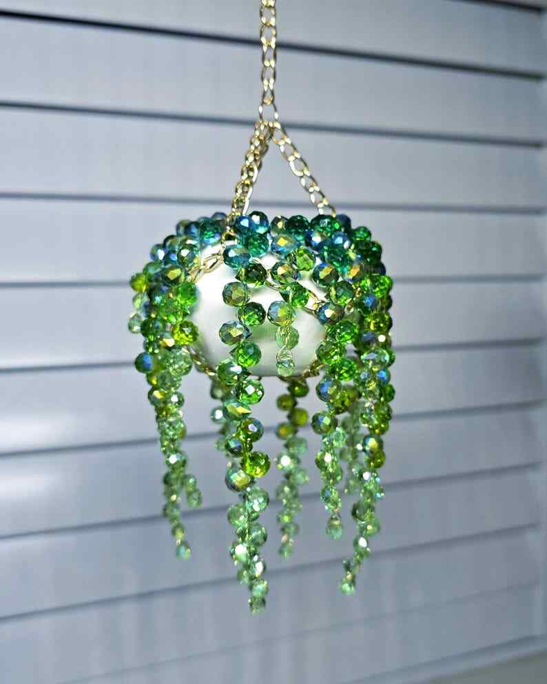 Small Ceramic Pot Beaded Plant Suncatcher with Gold Chain Hanger - Longer Strands