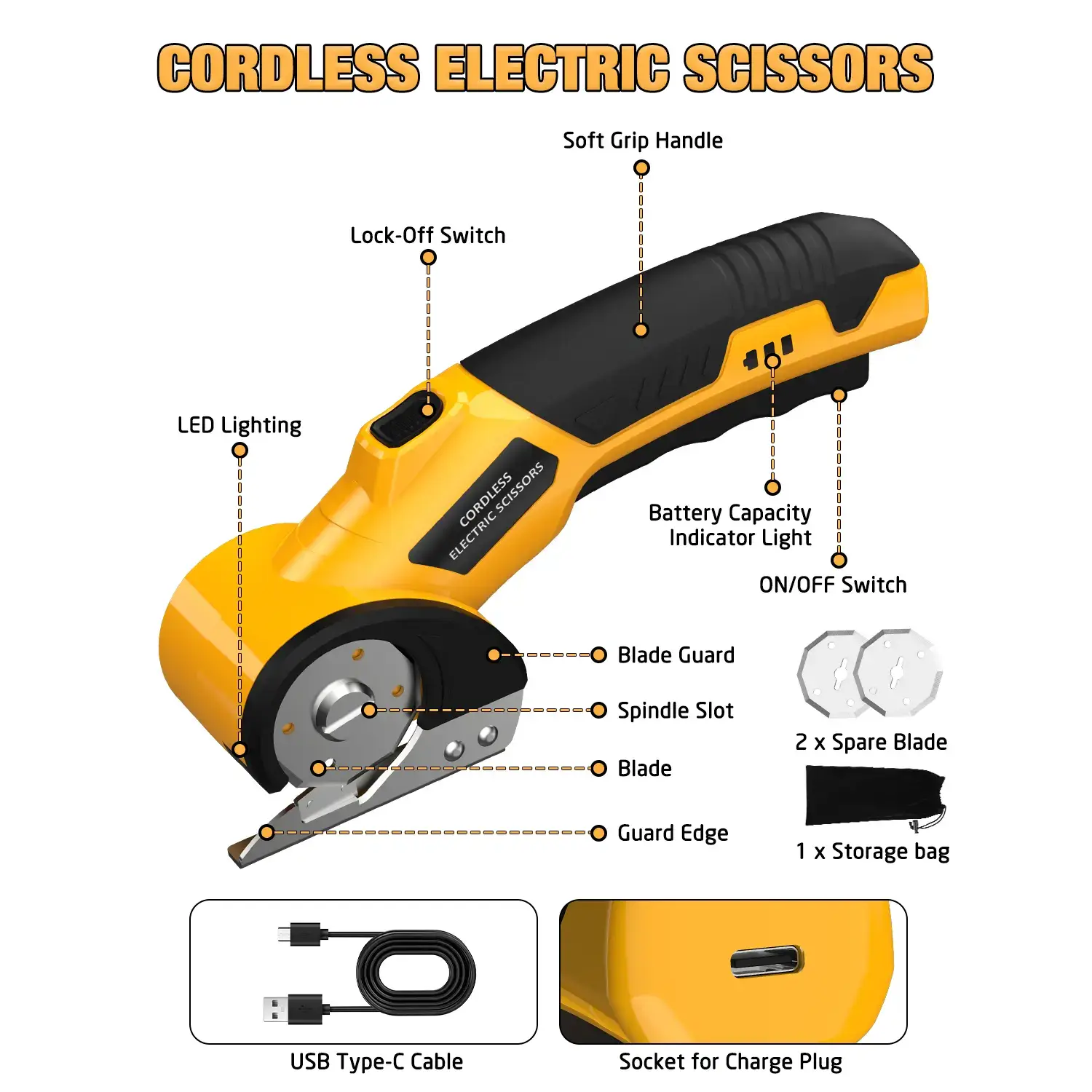 【Gift】Cordless Electric Scissors 4V – Rechargeable Heavy Duty Cutter with Safety Lock, LED Light, Long Battery Life & 2 Extra Blades | Easy-to-Use Wireless Shears for Cardboard, Packaging Yellow with Storage Bag
