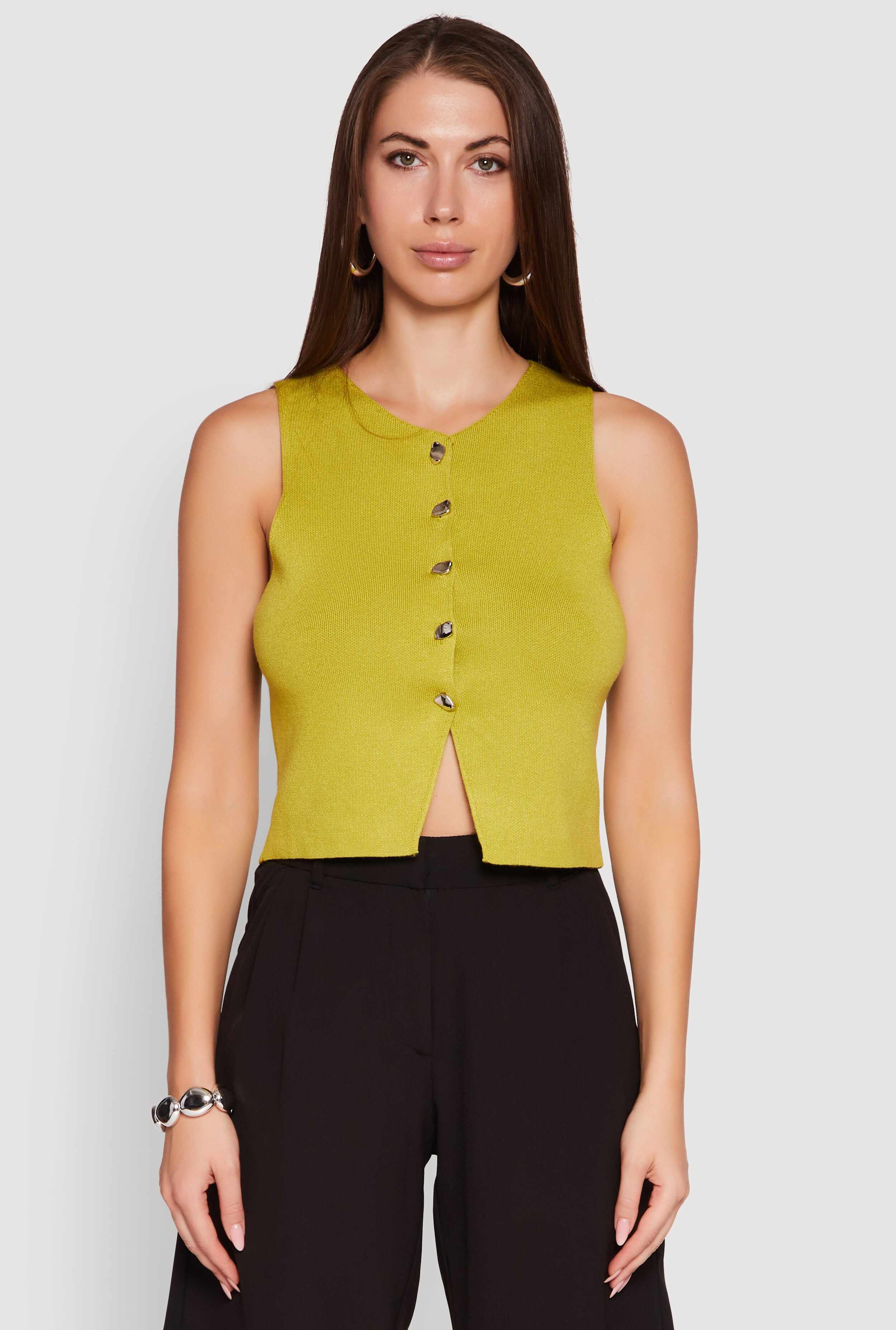 Metallic Button Front Sleeveless Sweater Vest