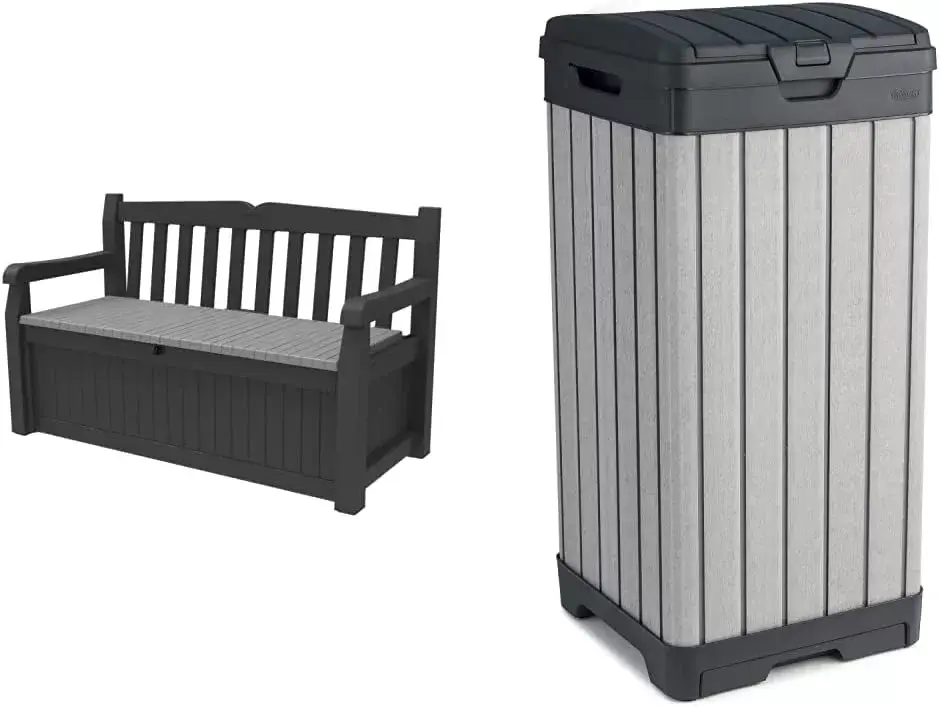 Keter Solana 70 Gallon Storage Bench Deck Box for Patio Furniture, Front Porch Decor and Outdoor Seating – Perfect to Store Garden Tools and Pool Toys,Brown/Brown