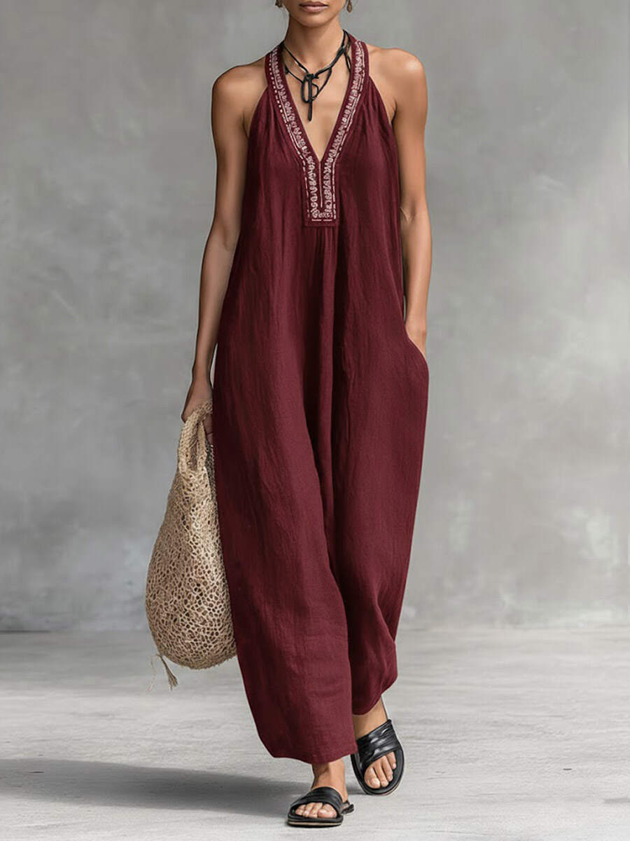 🔥Summer Arrivals🌟Women's Solid Color V-Neck Halter Neck Sleeveless Casual Loose Cotton Linen Wide-Leg Jumpsuit