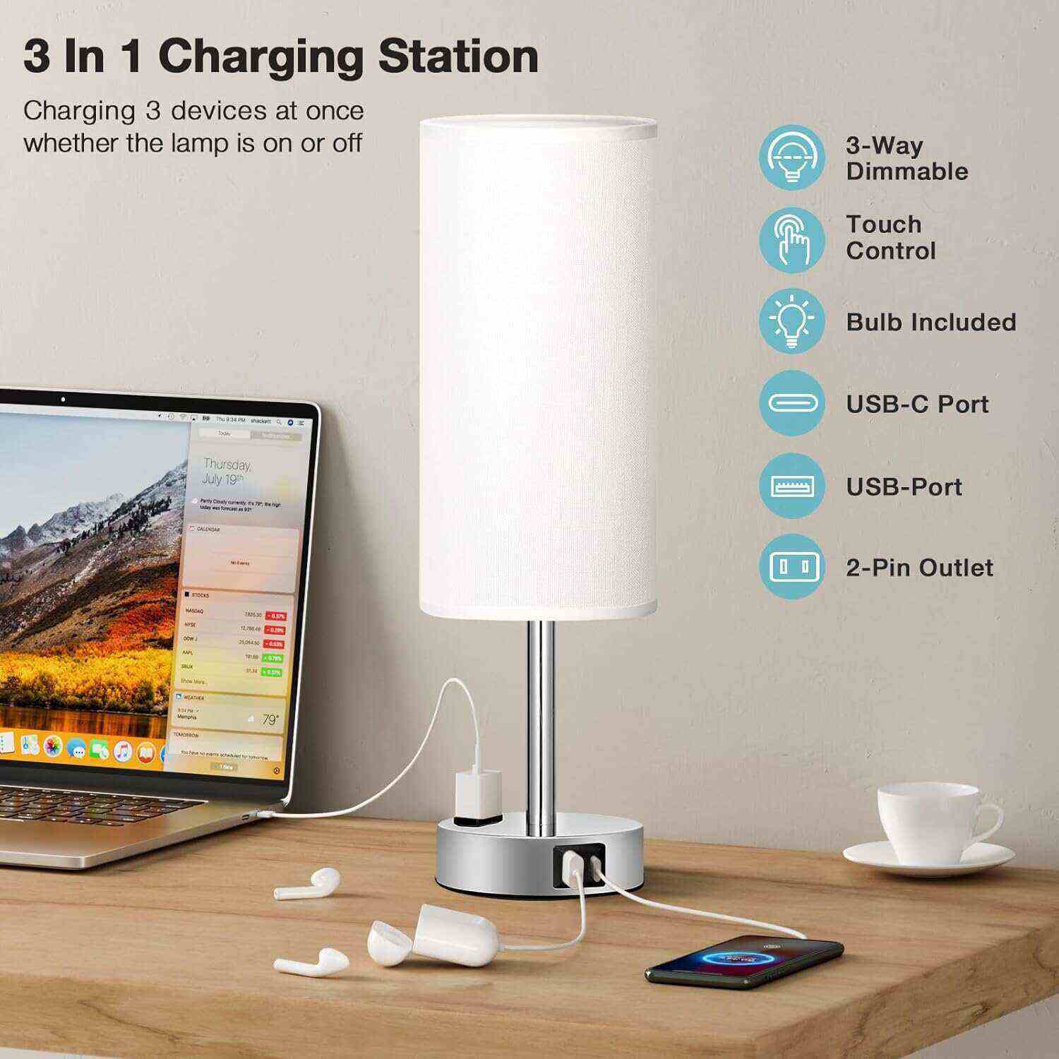 Bedside Table Lamp for Bedroom - 3 Way Dimmable Touch Lamp USB C Charging Ports and AC Outlet, Small Lamp Wood Base Round Flaxen Fabric Shade for Living Room, Desk, LED Bulb Included