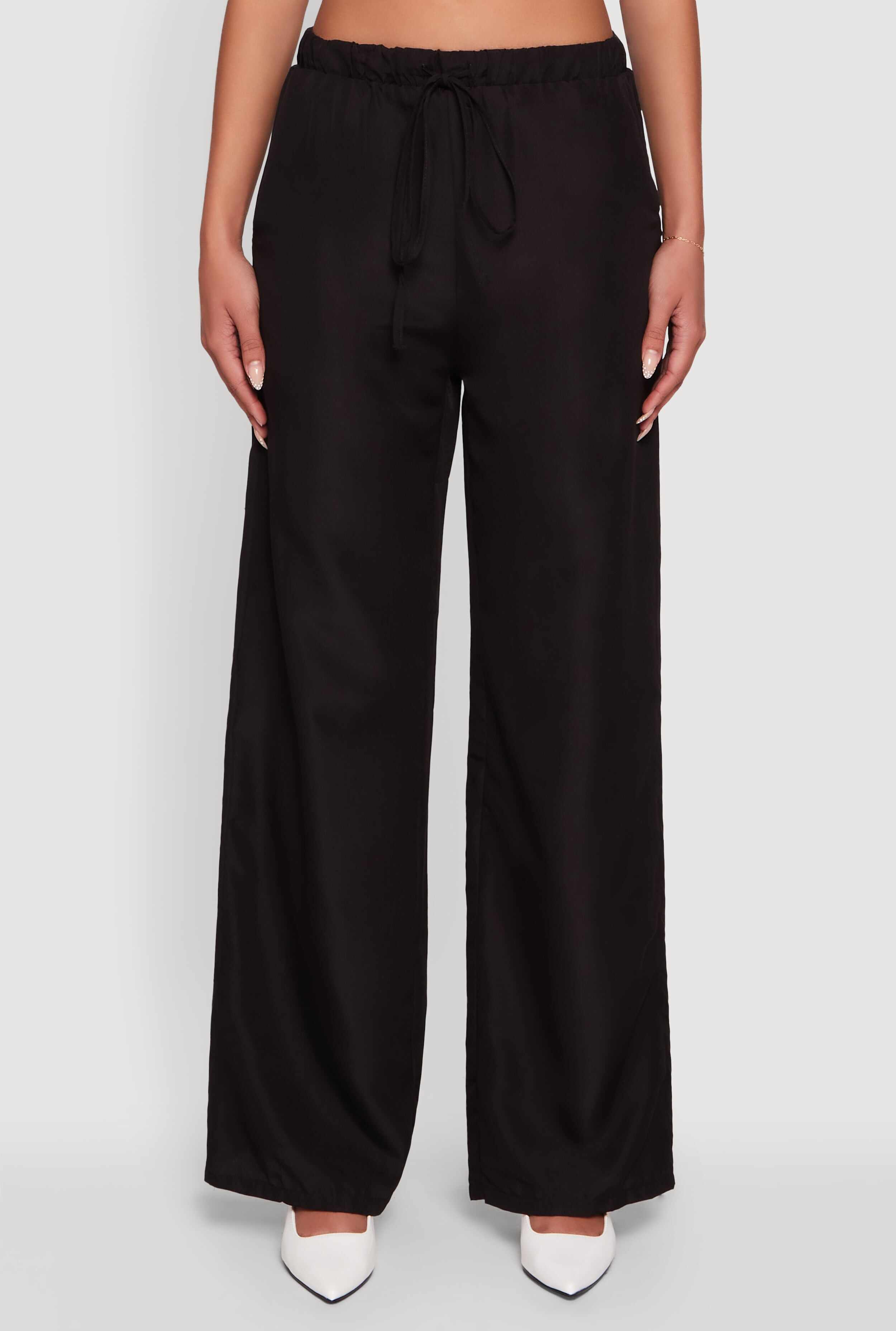 Solid Drawstring Waist Wide Leg Pants
