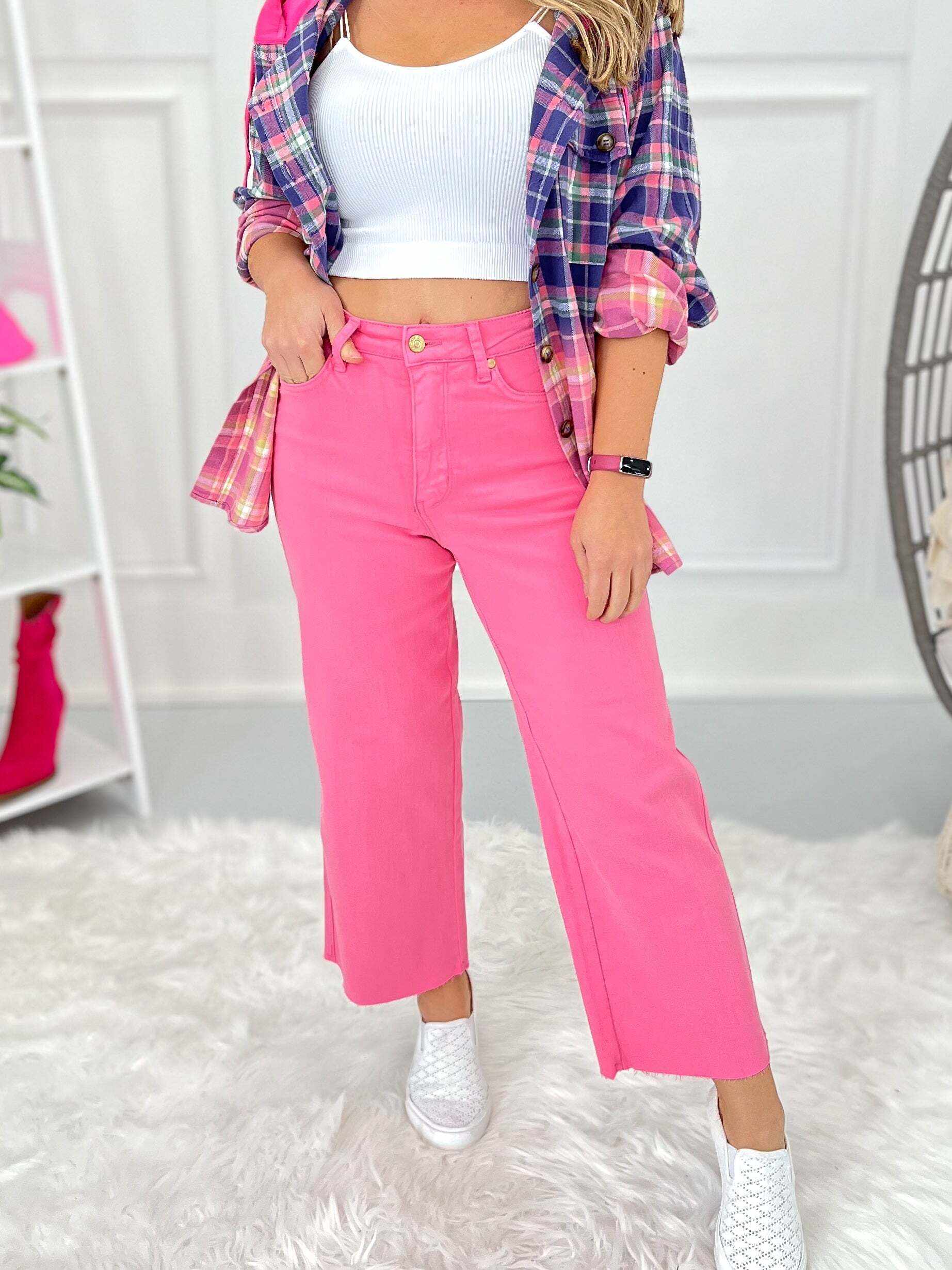 Christmas - Pink Dyed Tummy Control Cropped Wide Jeans - Final Sale