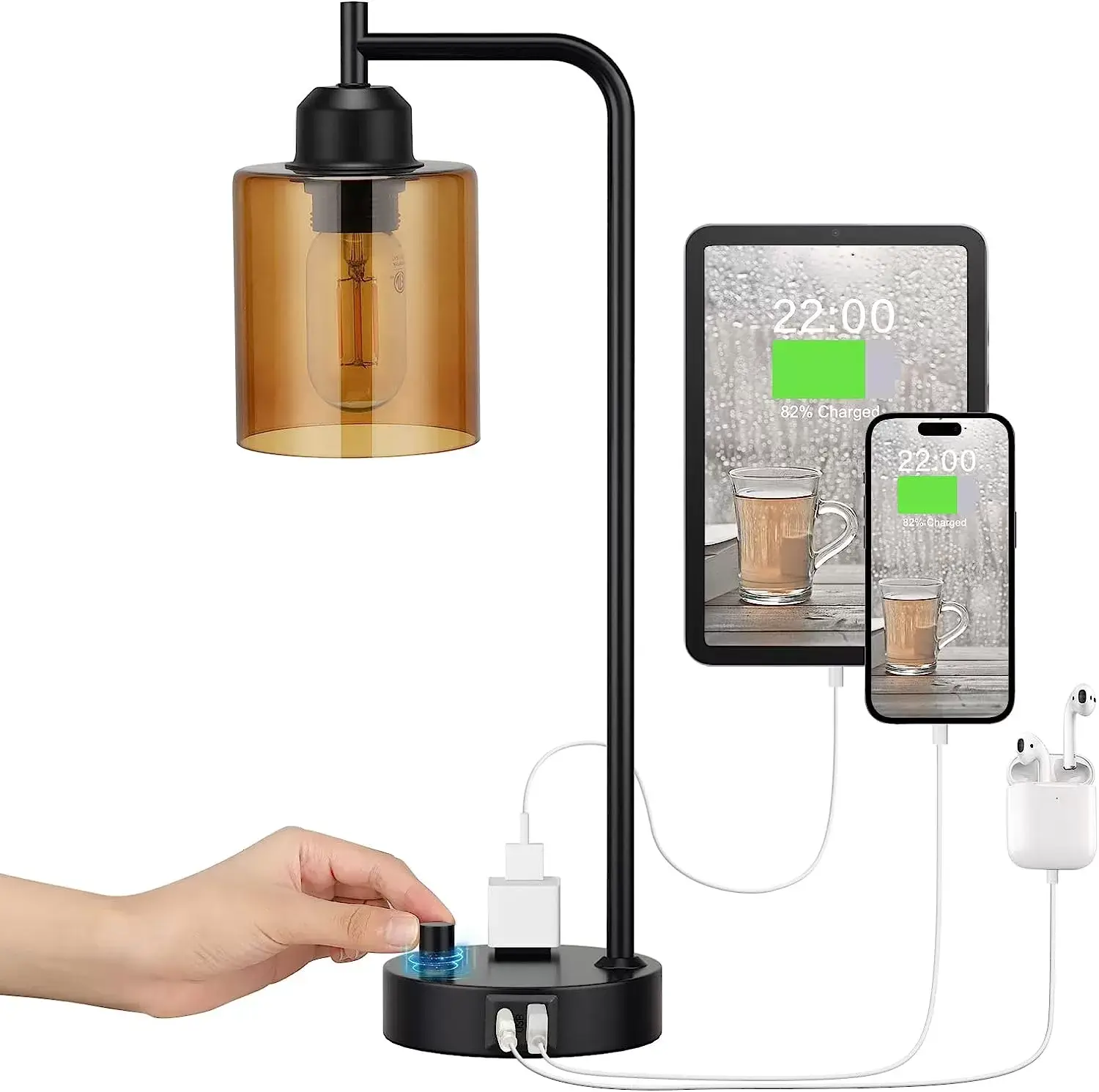 Industrial Bedside Table Lamp for Bedroom - Nightstand Lamps with USB C Charging Port, Fully Dimmable Black Lamps with USB Ports and Outlets, Small Desk Lamp with Glass Shade for Office Living Room