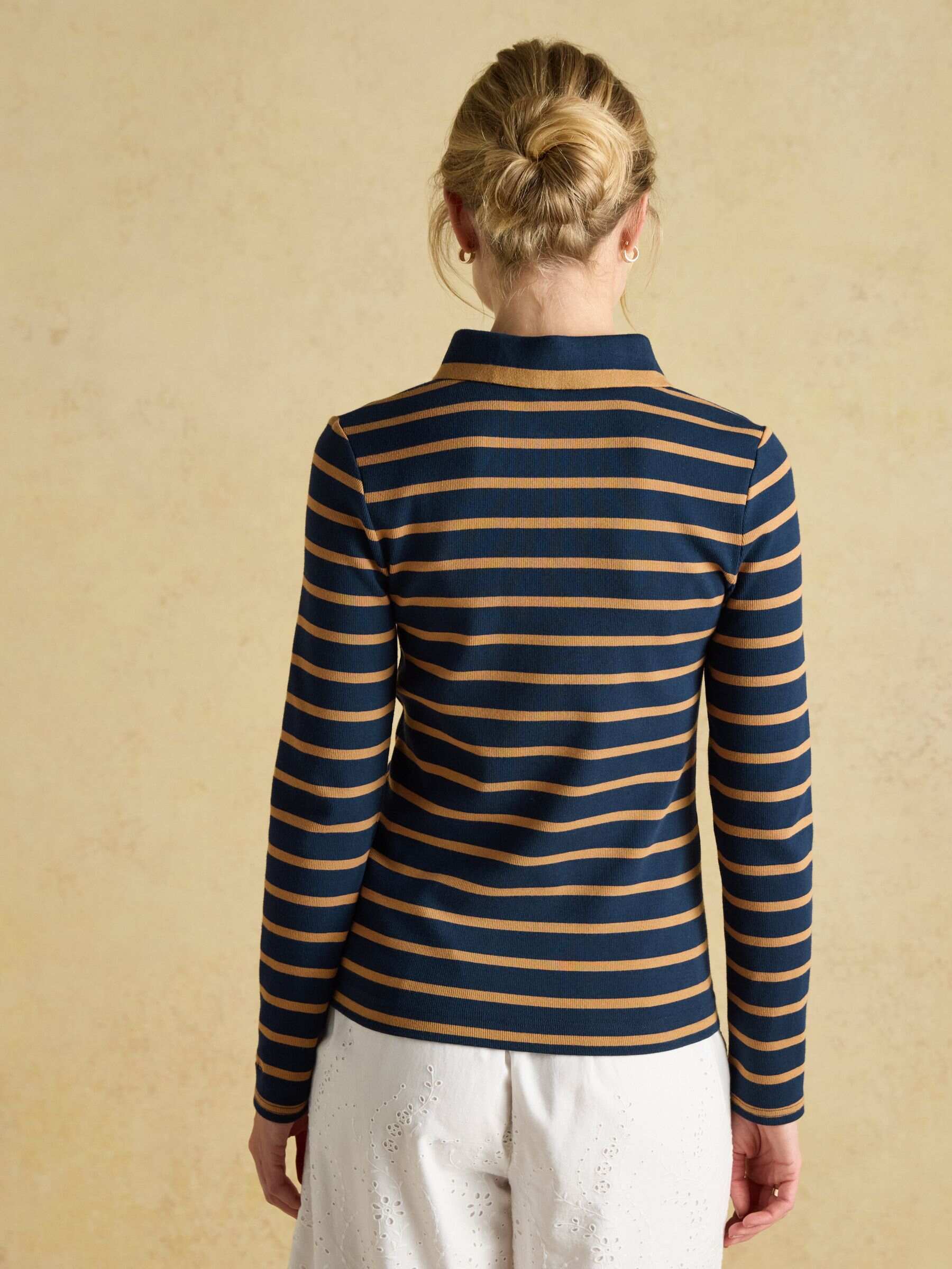 Fairfield Navy Blue & Brown Ribbed Long Sleeve Striped Polo Shirt