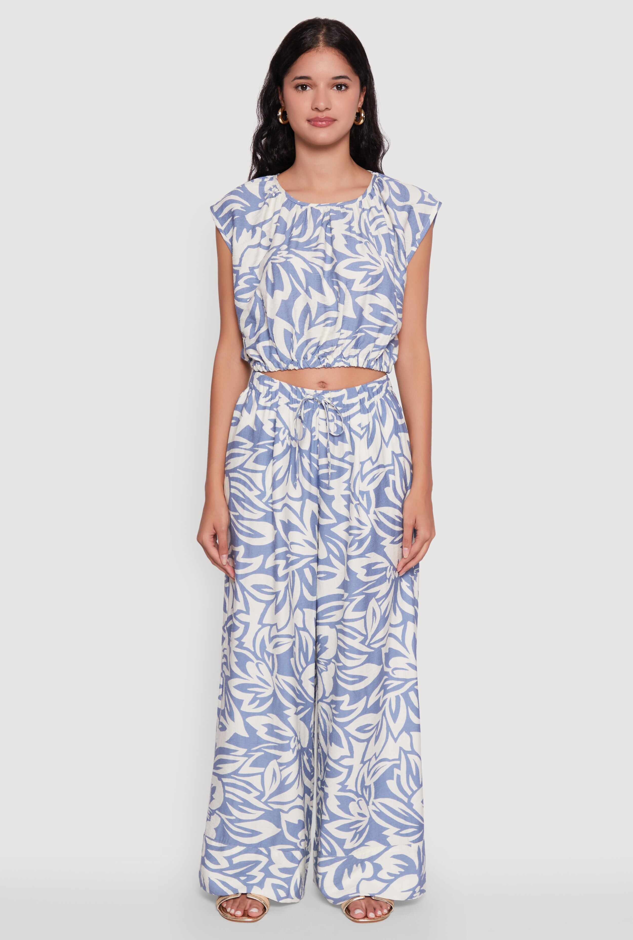 Crepe Knit Floral Palazzo Pants with Drawstring Waist