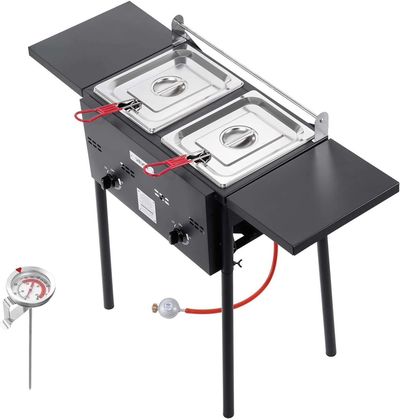 VEVOR Outdoor Propane Deep Fryer, Dual-Tank 8QTx2 Commercial Fryer, Stainless Steel Cooker with Foldable Platform, Dual Basket, and Heat Adjustment, Floor Standing Fryers for Restaurant Home Snack Bar