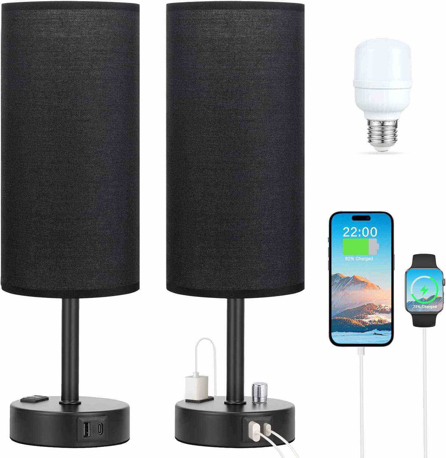 Bedside Table Lamp for Bedroom - 3 Way Dimmable Touch Lamp USB C Charging Ports and AC Outlet, Small Lamp Wood Base Round Flaxen Fabric Shade for Living Room, Desk, LED Bulb Included