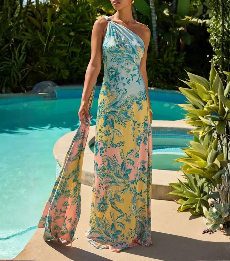 Oblique Shoulder Printed Dress