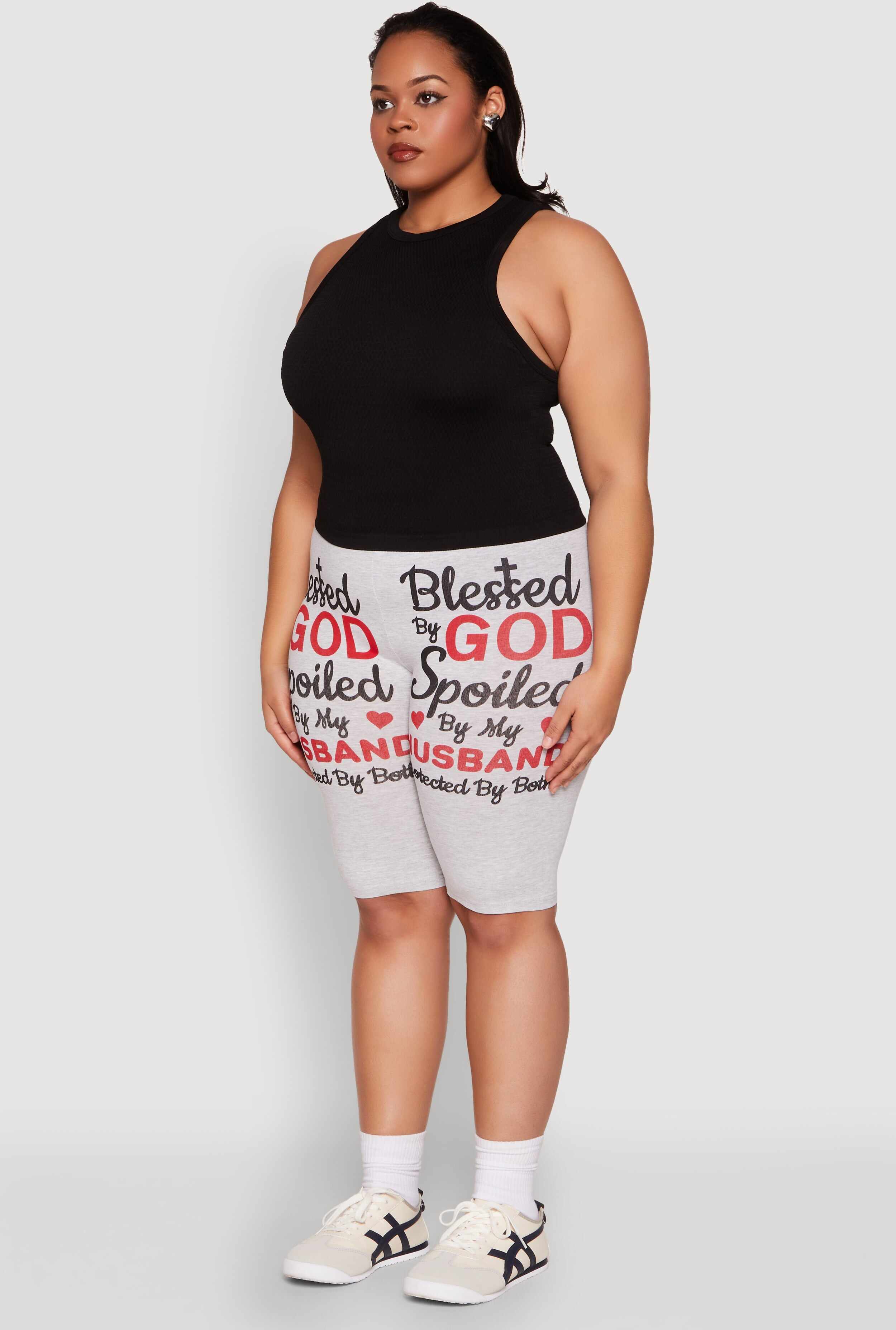 Plus Size Blessed By God Graphic Biker Shorts