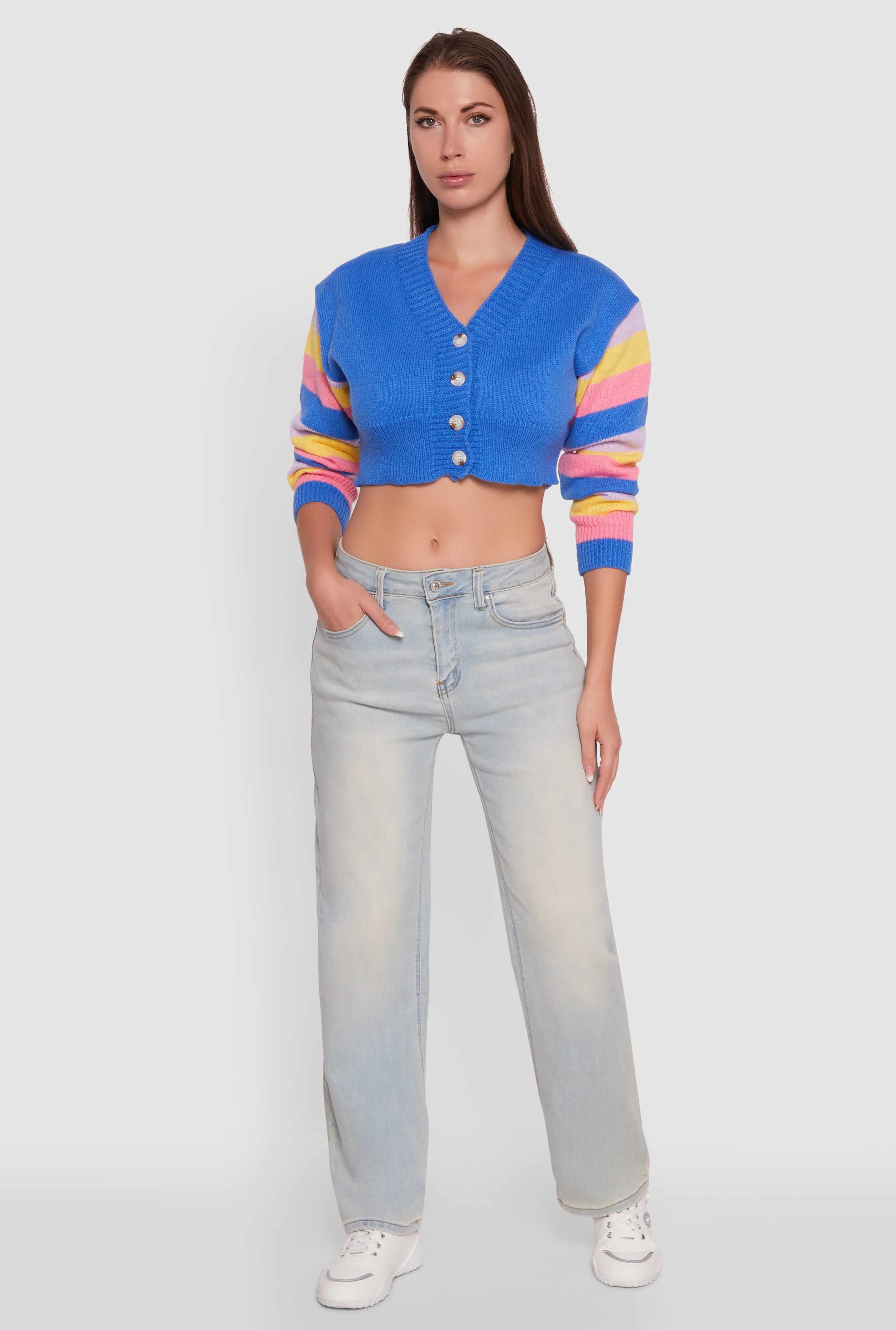 Daisy Color Blocked Striped Sleeve Cropped Cardigan