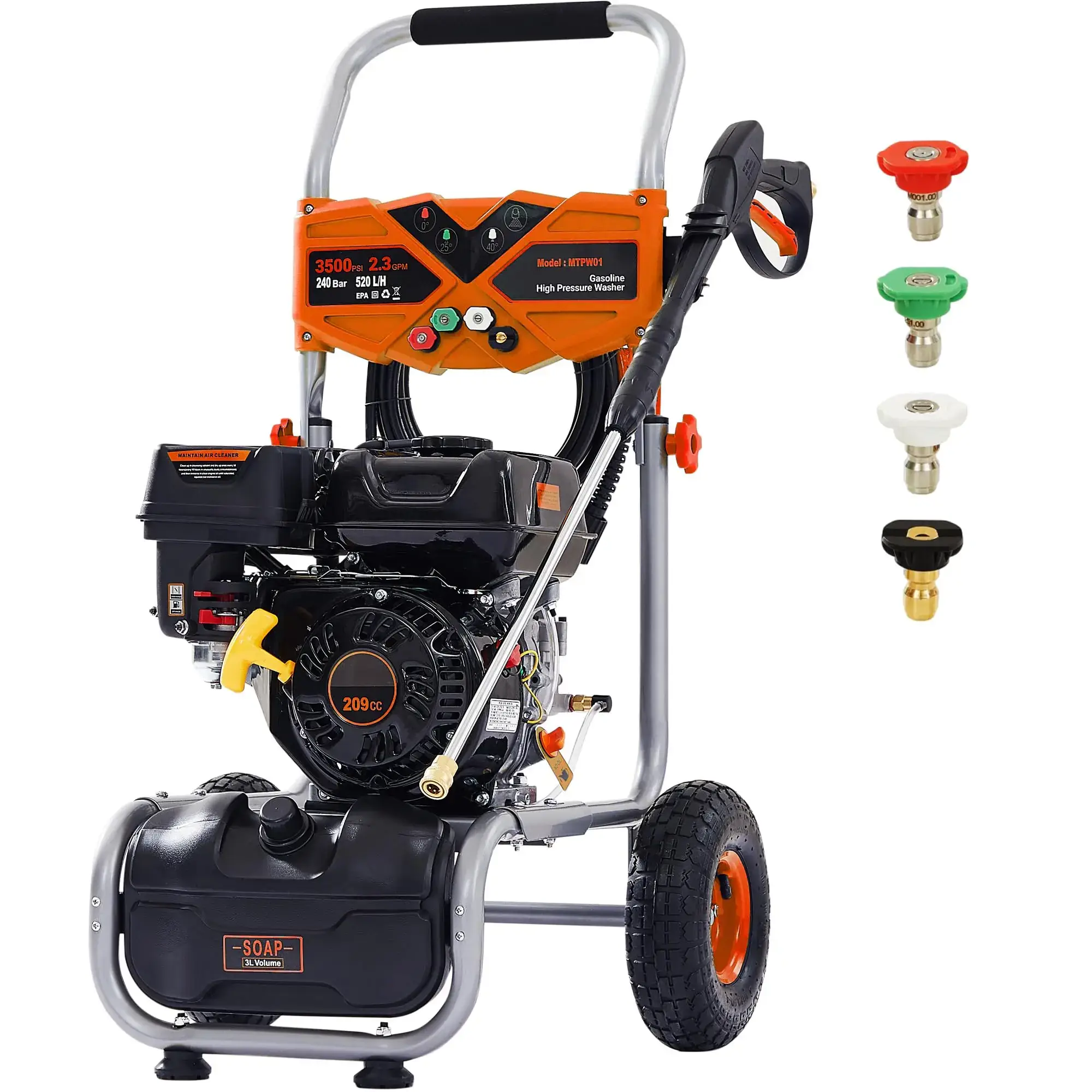 Gas Powered Pressure Washer 3500 PSI, 2.3 GPM Heavy Duty High Power Washer,209CC 7HP Engine with 25Ft Pressure Hose, Axial Aluminum Pump, Soap Tank, 4 Quick Connect Nozzle