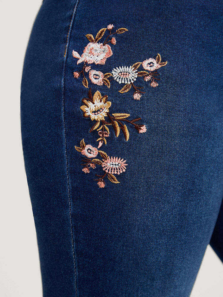 Straight Leg Very Stretchy Dark Wash Floral Embroidered Jeans