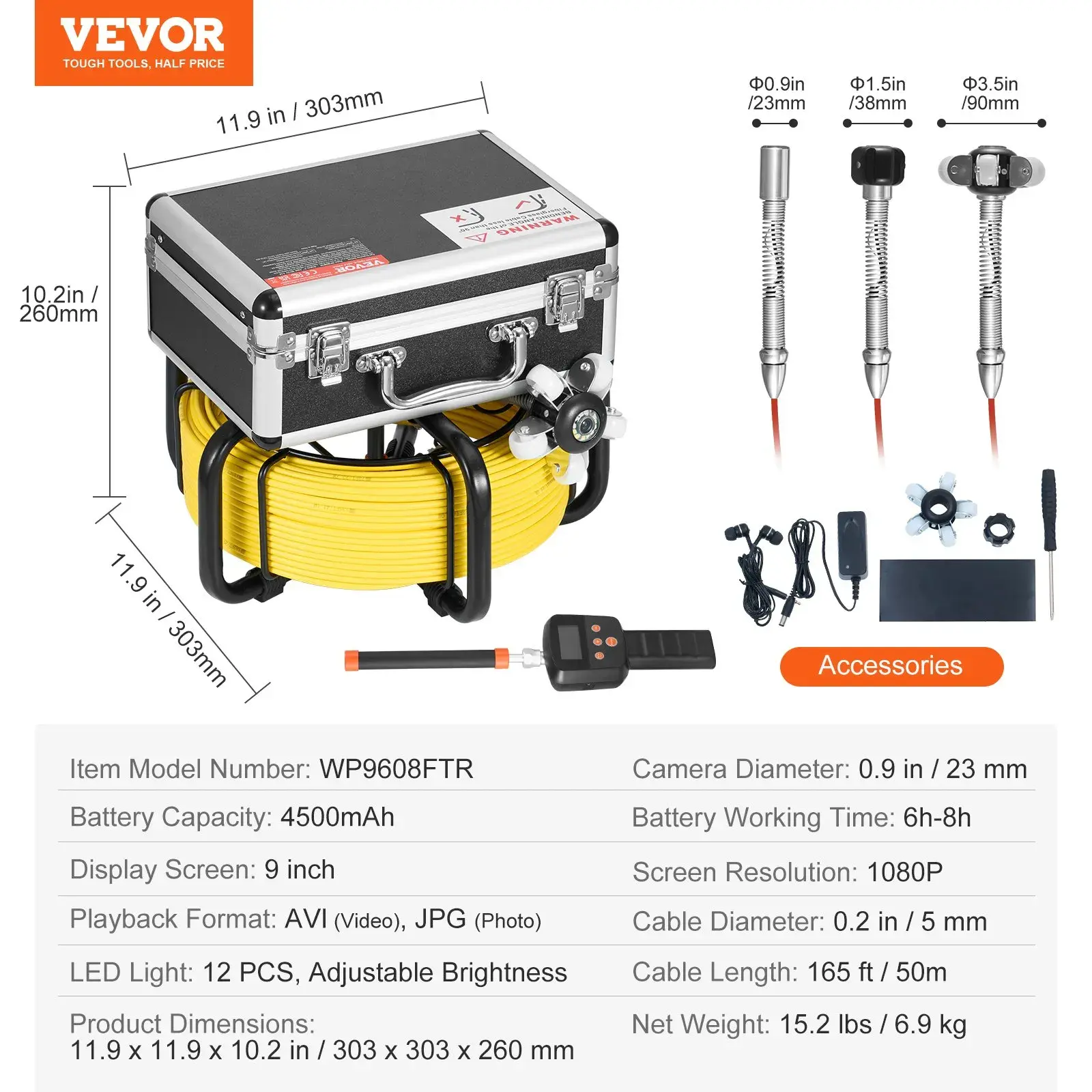 Sewer Camera,  Pipeline Inspection Camera with DVR Function, IP68 Camera with 12 Adjustable LEDs, A 16 GB SD Card for Sewer Line, Home, Duct Drain Pipe Plumbing