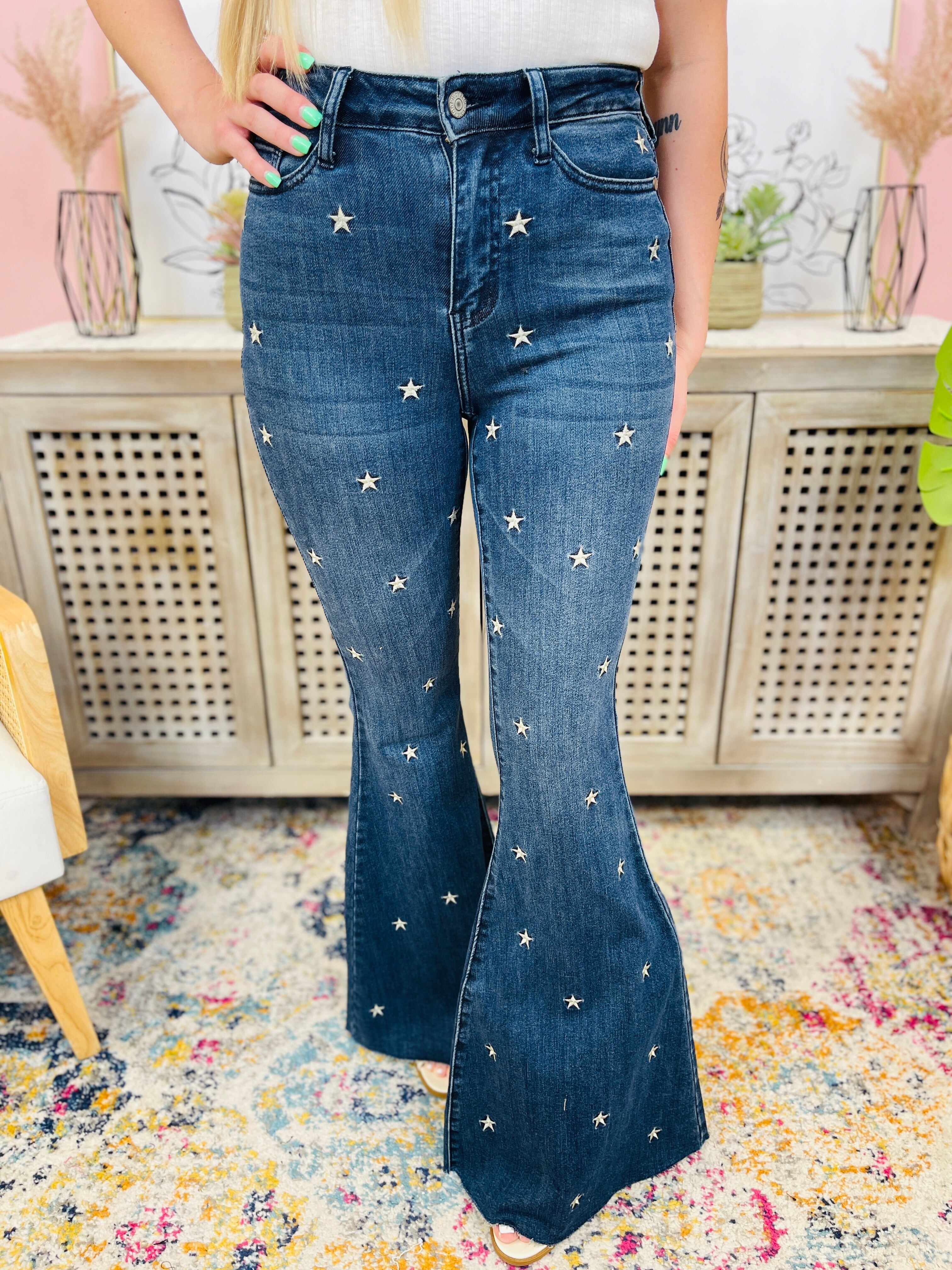 PLUS/REG Wishing On A Star Embroidered Flared Jeans