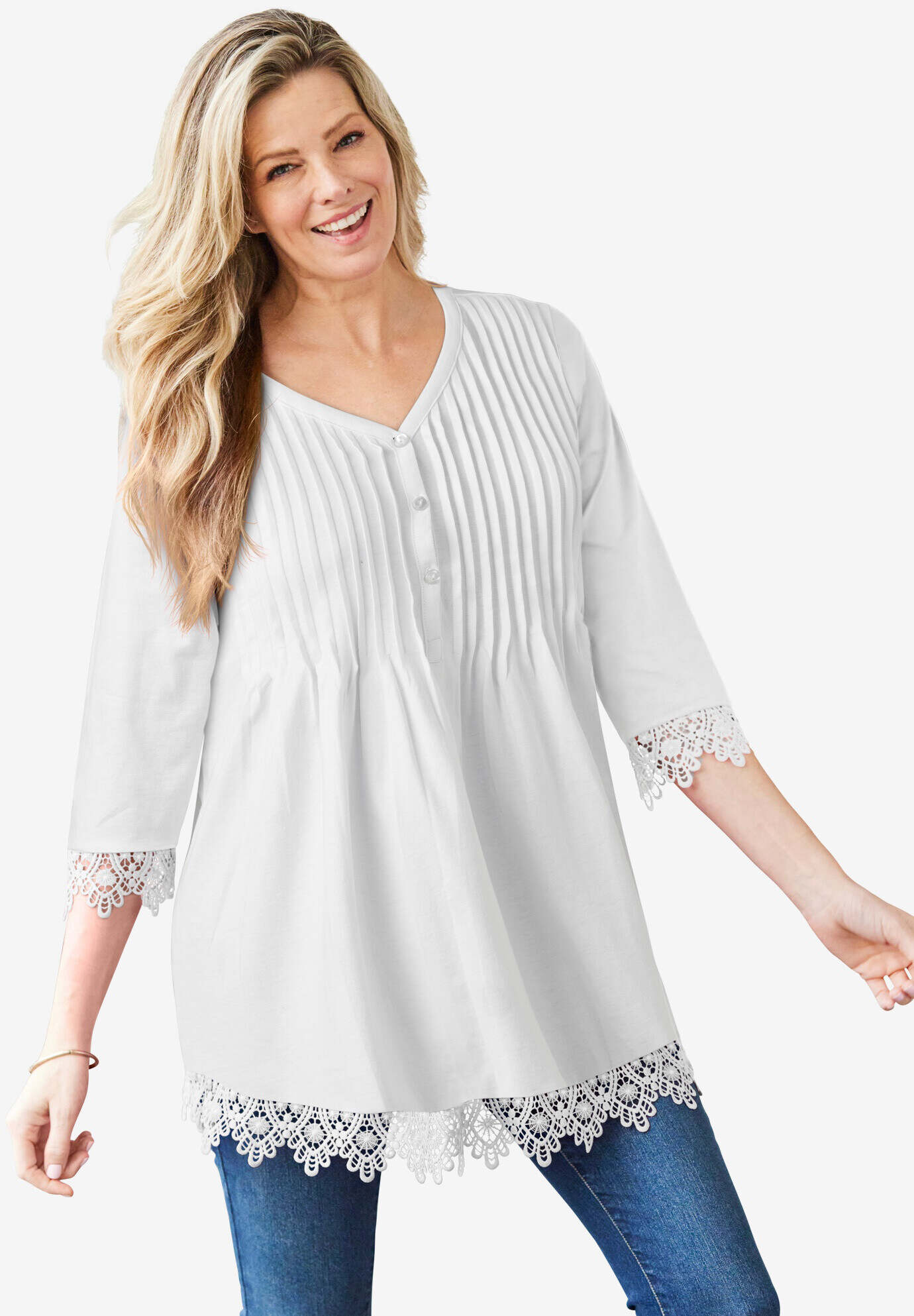 Pintuck Henley Crochet Trim Tunic