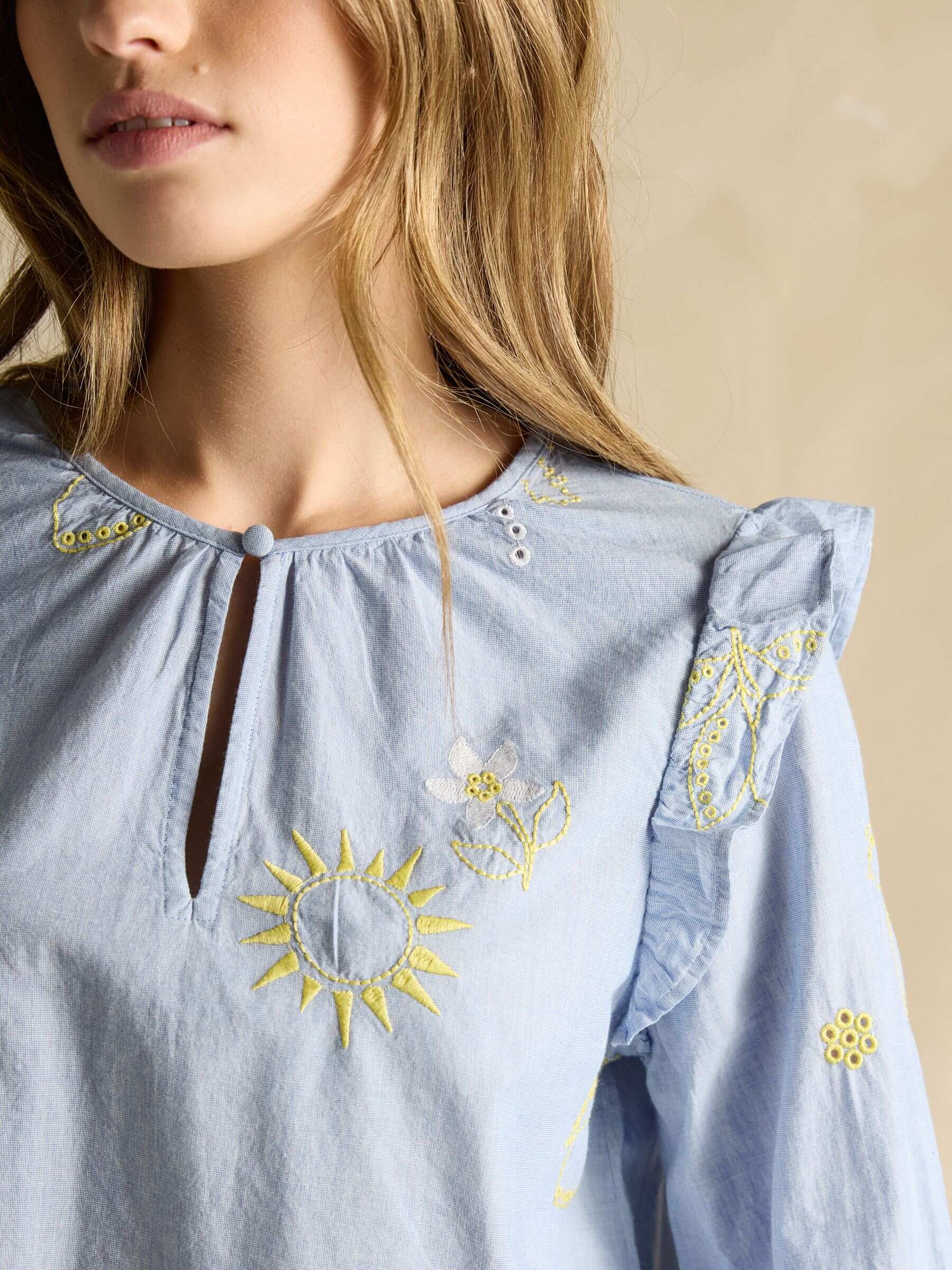 Soraya Blue & Yellow Embroidered Chambray Blouse
