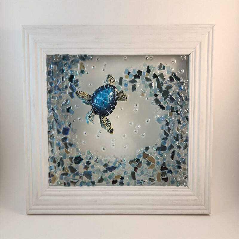 Blue Sea Turtle & Crushed Glass Wave Decor