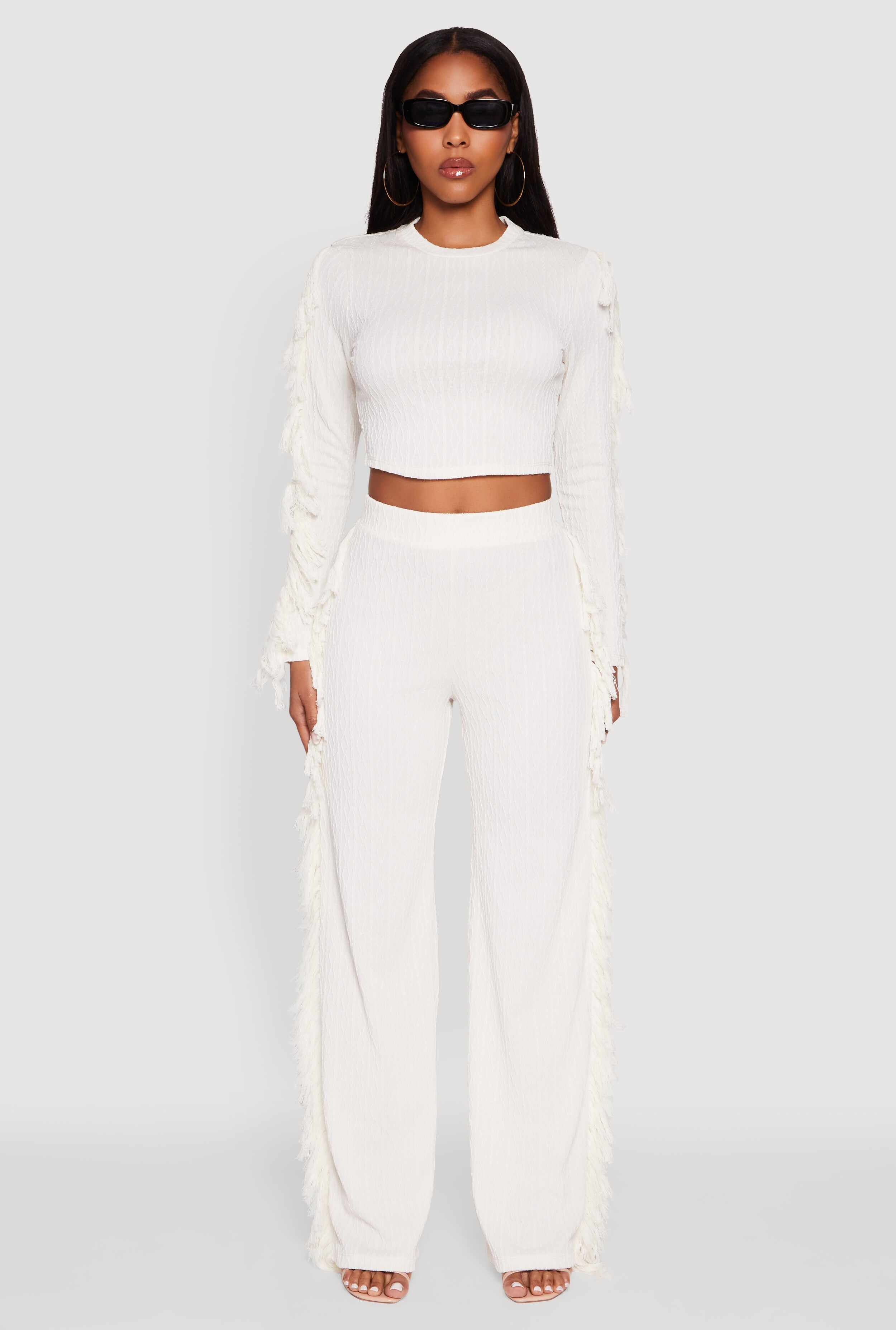 Textured Knit Long Sleeve Fringe Crop Top