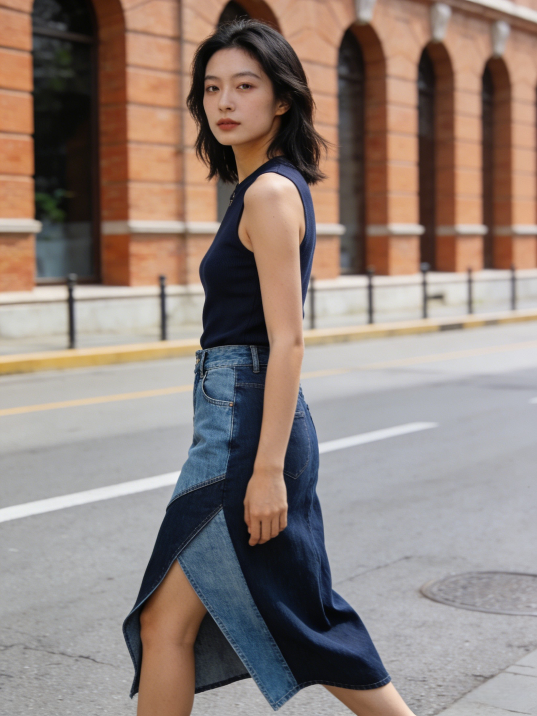 Slim Fit Navy Asymmetrical Patchwork Denim Skirt Summer