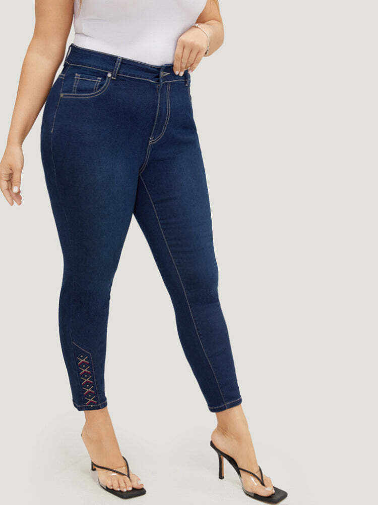 Very Stretchy High Rise Dark Wash Geometric Embroidered  Jeans