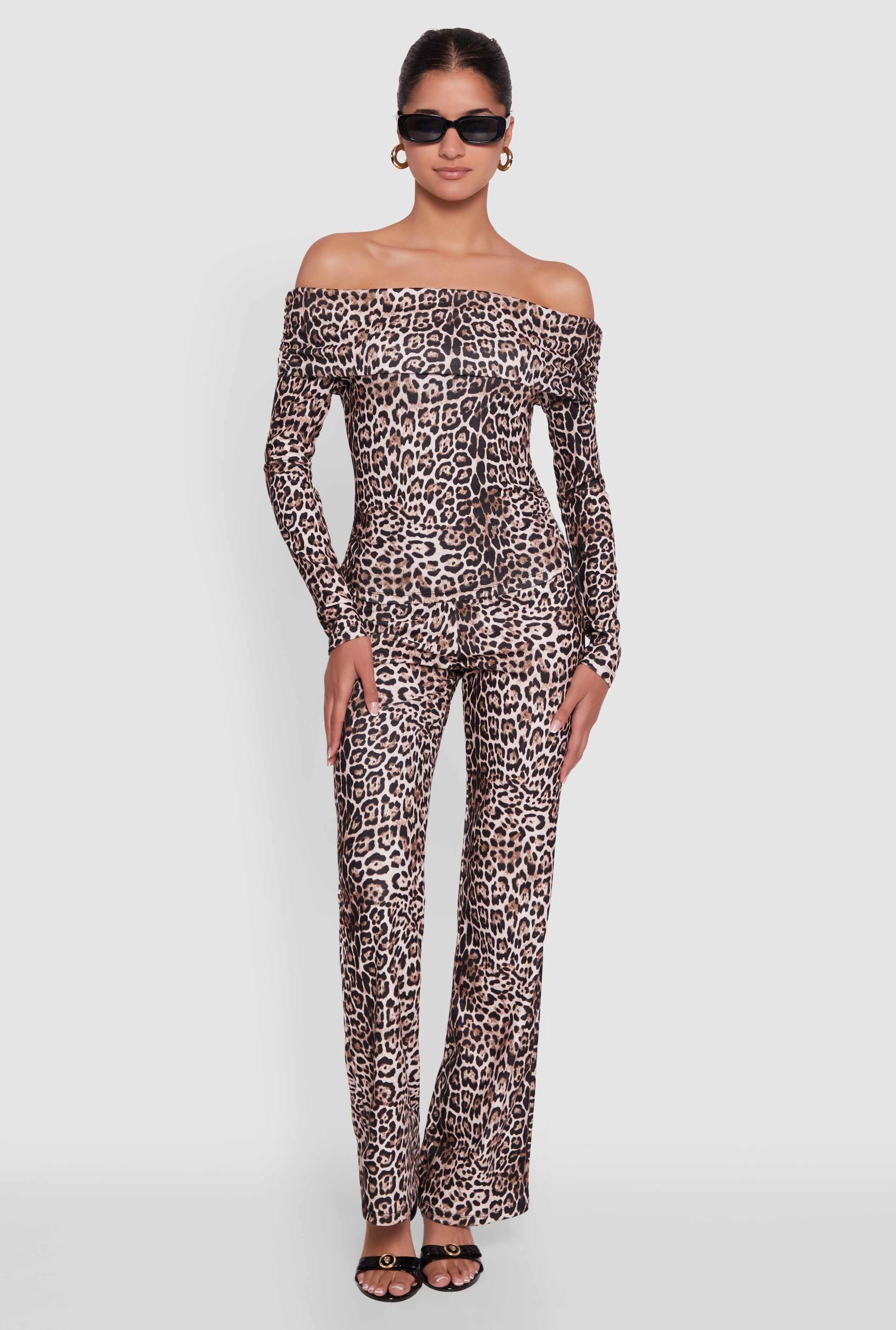 Haute Monde Jaguar Print Fold Over Off The Shoulder Top