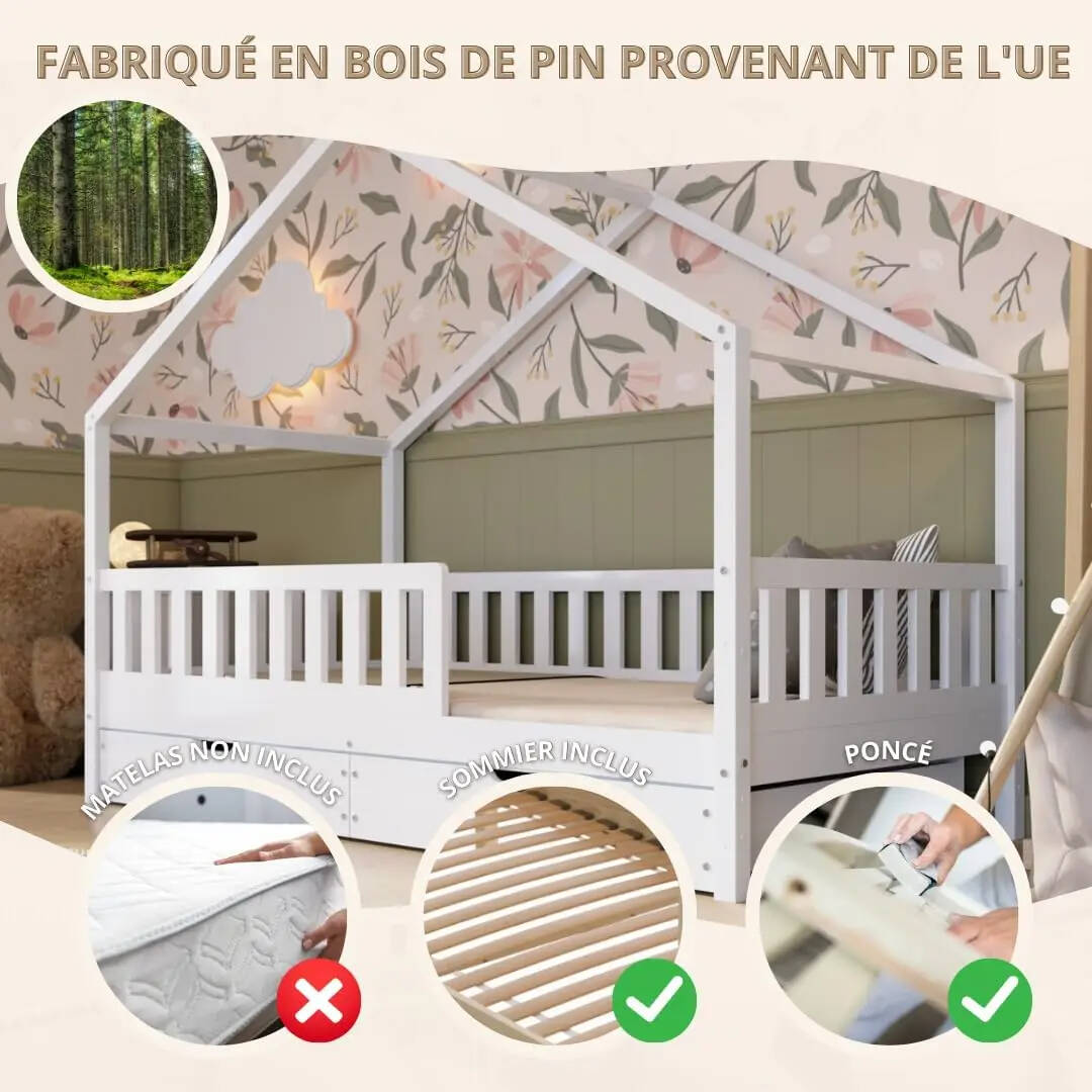 Clearance Sale Crazy Pine Cabin Bed 160x80 cm – Natural Wood Children's Bed with Barrier – Montessori Floor Bed with Height-Adjustable Legs and Removable Barrier - Crazy House