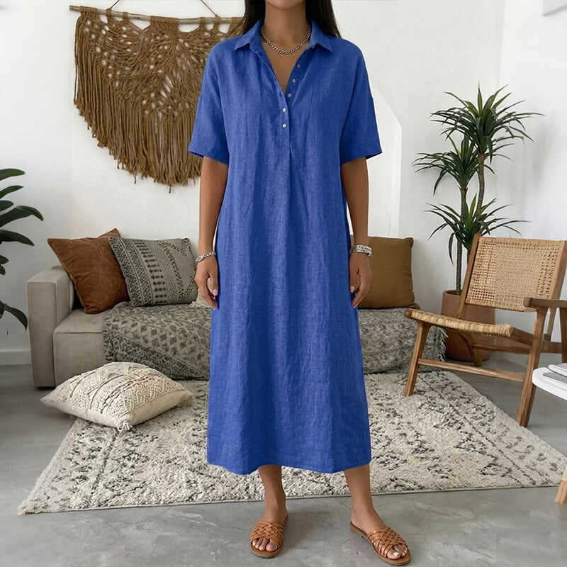 Cardydony Women's Solid Color Lapel Linen Blend Shirt Midi Dress