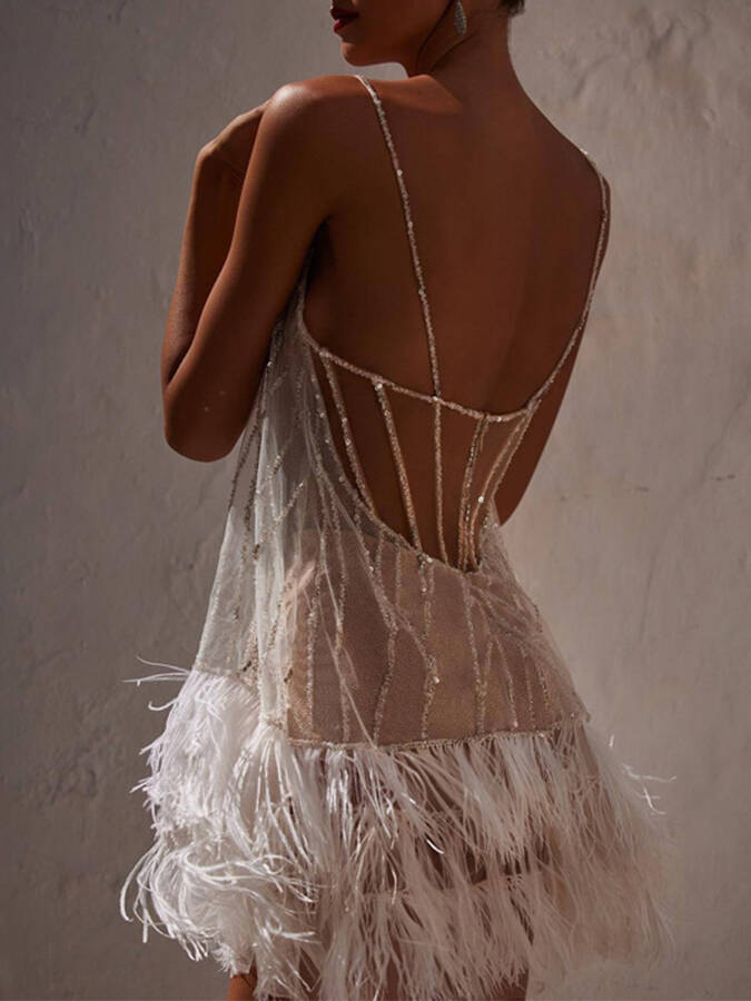 Tassel Mesh Sequin Suspender Mini Party Dress