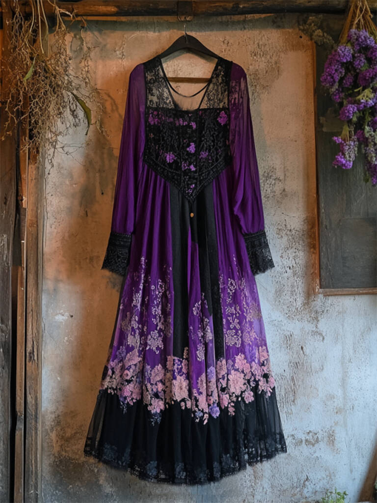 Vintage Lavender Gradient Lace Art Linen V Neck Maxi Dress