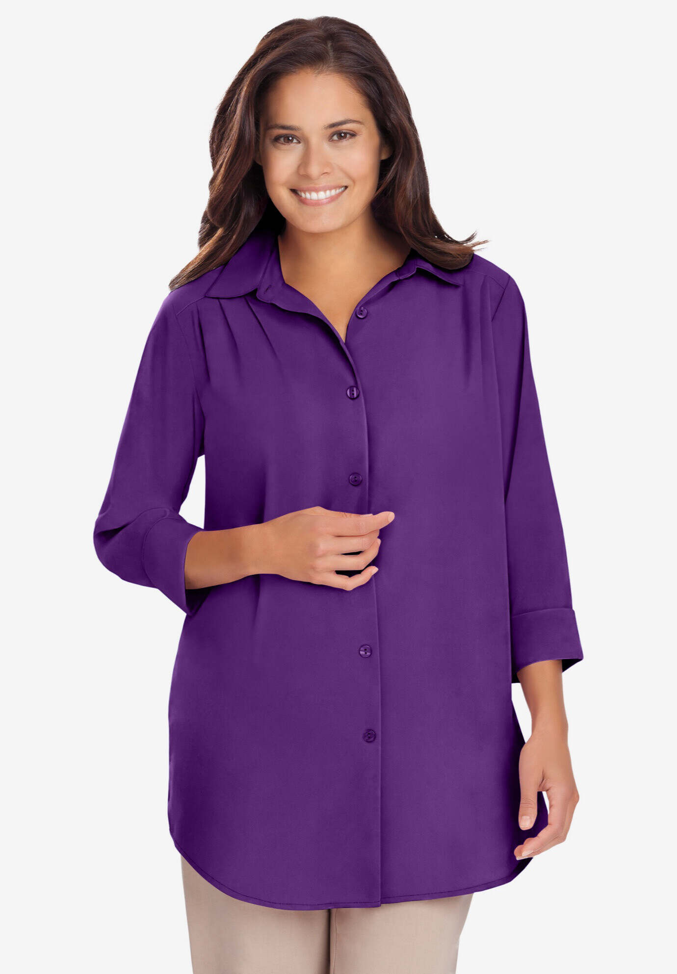 Three-Quarter Sleeve Peachskin Button Front Shirt