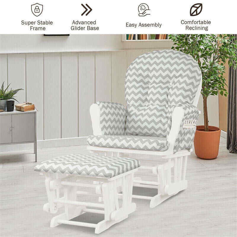 Wood Baby Glider Rocking Chair Nursery Chair with Gliding Ottoman & Storage Pocket
